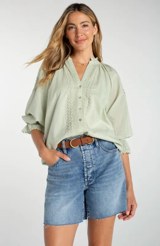PETITE 3/4 SLEEVE BUTTON FRONT WOVEN TOP made by Liverpool Jeans Company