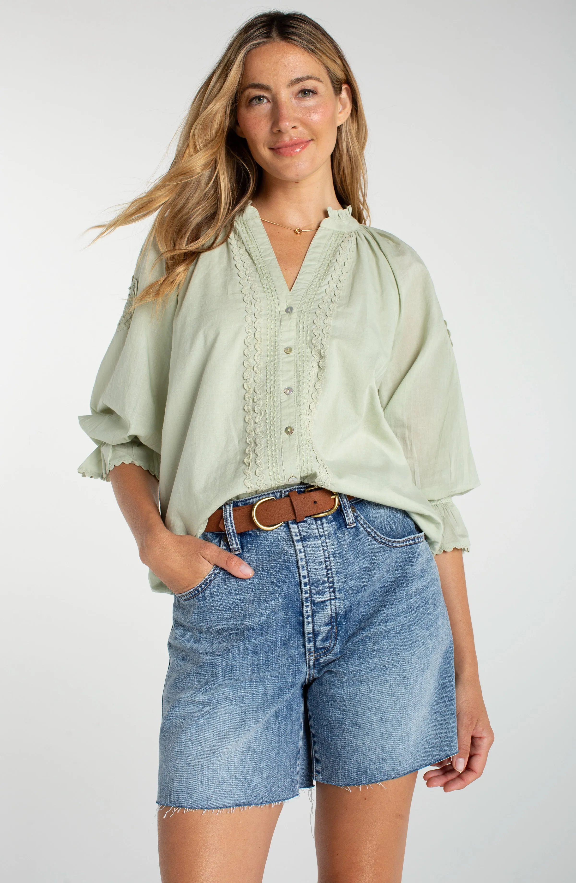 PETITE 3/4 SLEEVE BUTTON FRONT WOVEN TOP sold by Liverpool Jeans Company