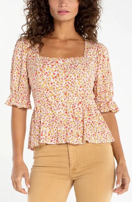 1/2 PUFF SLEEVE PEPLUM KNIT TOP made by Liverpool Jeans Company