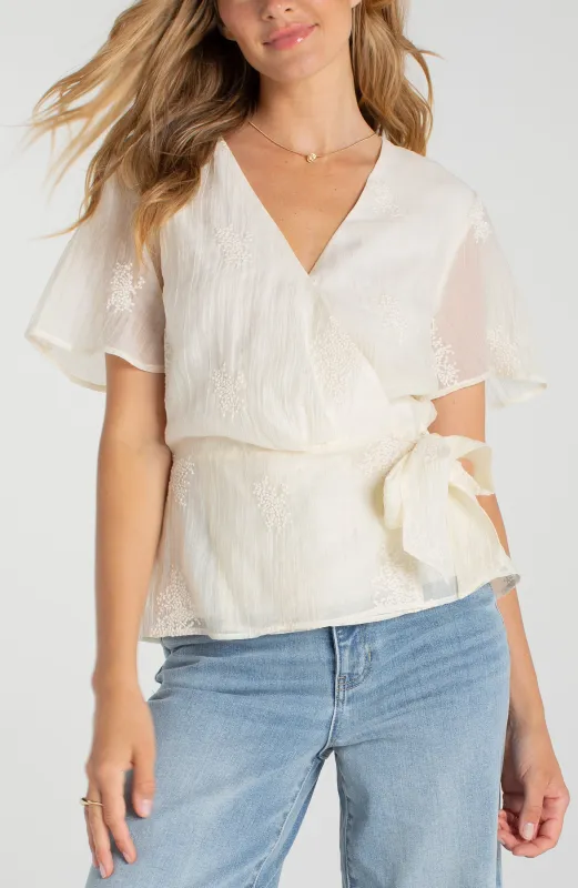 PETITE WRAP FRONT WOVEN TOP W/ TIE made by Liverpool Jeans Company
