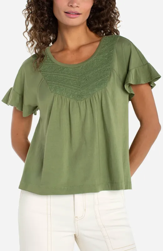 FLUTTER SLEEVE KNIT-TO-WOVEN TOP made by Liverpool Jeans Company