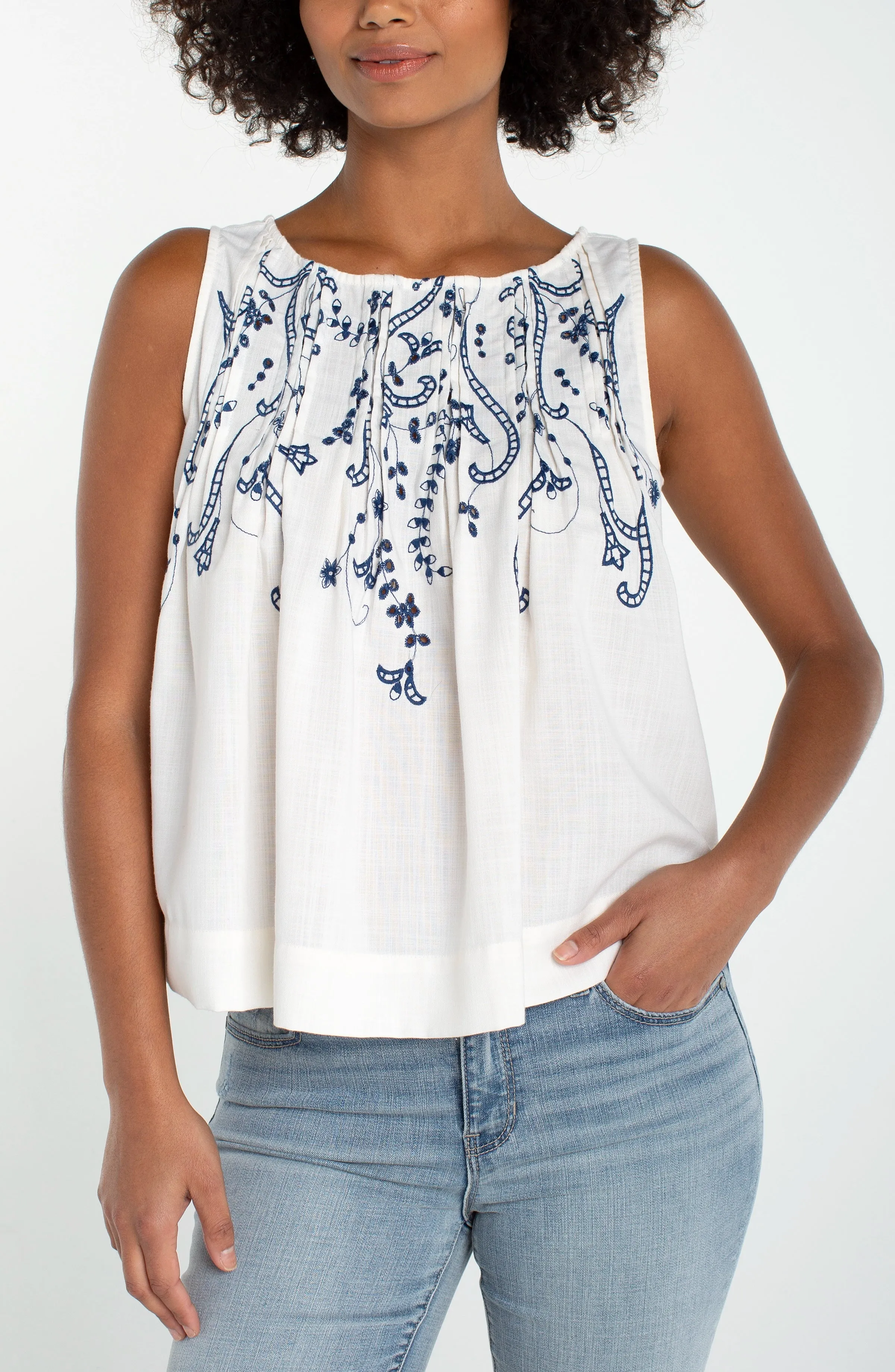 SLEEVELESS BOAT NECK WOVEN TOP sold by Liverpool Jeans Company
