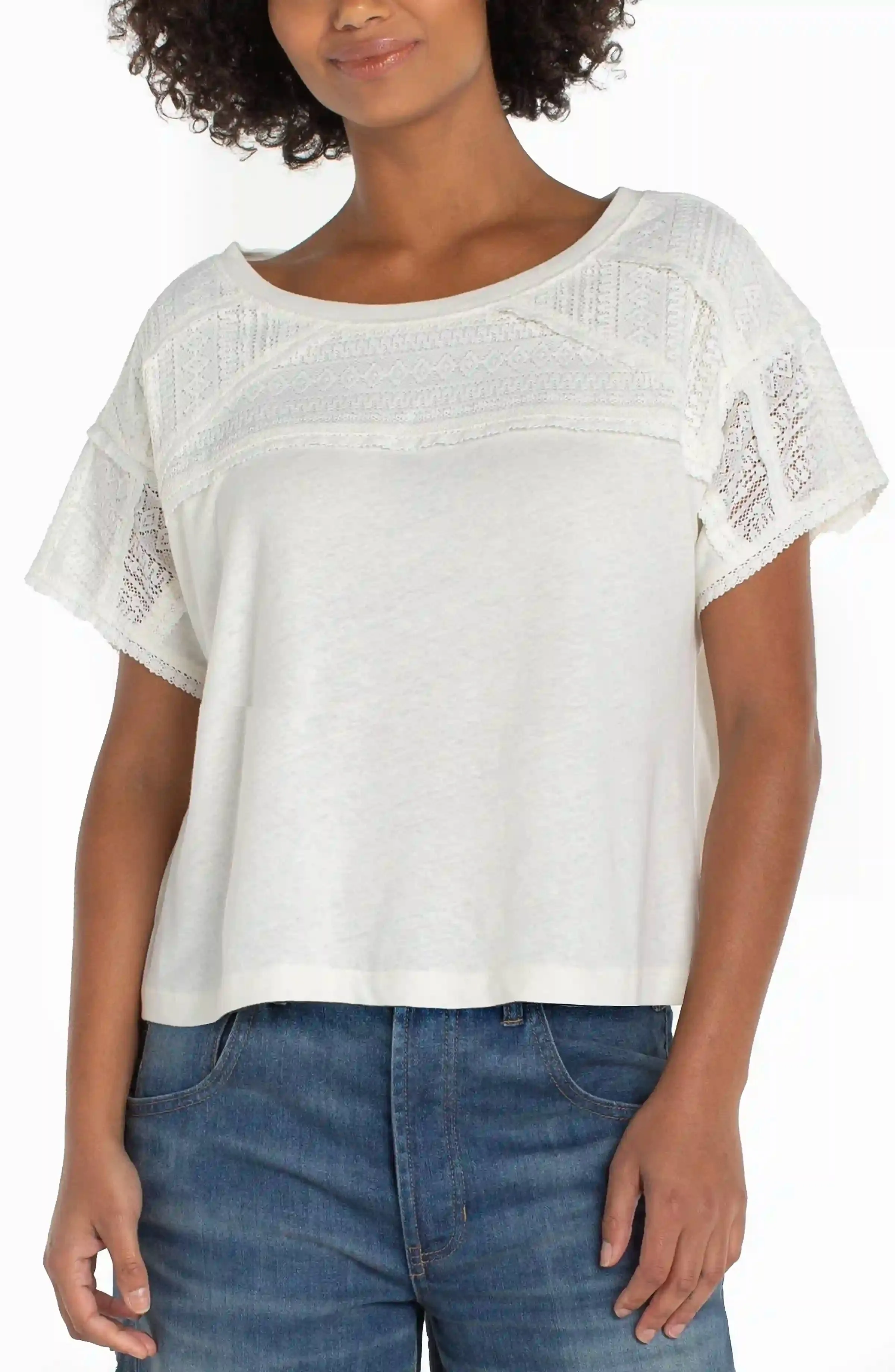PETITE DOLMAN BOAT NECK KNIT TOP W/ LACE sold by Liverpool Jeans Company