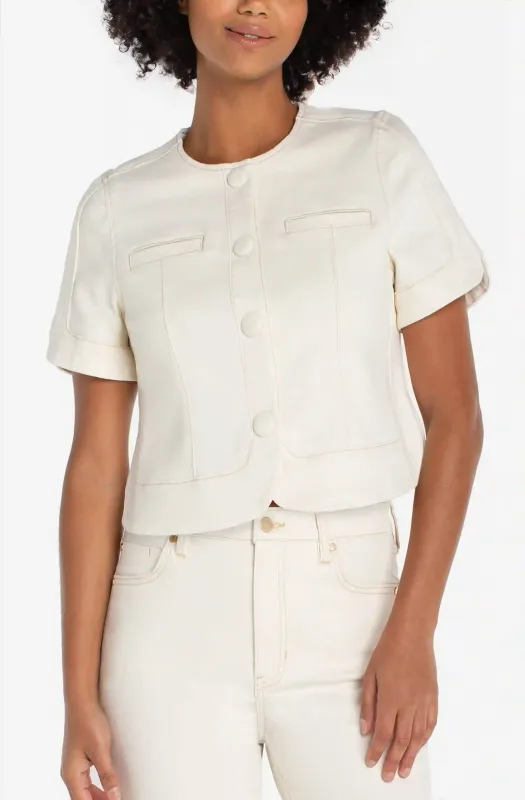 PETITE COLLARLESS SHORT SLEEVE CROPPED JACKET made by Liverpool Jeans Company