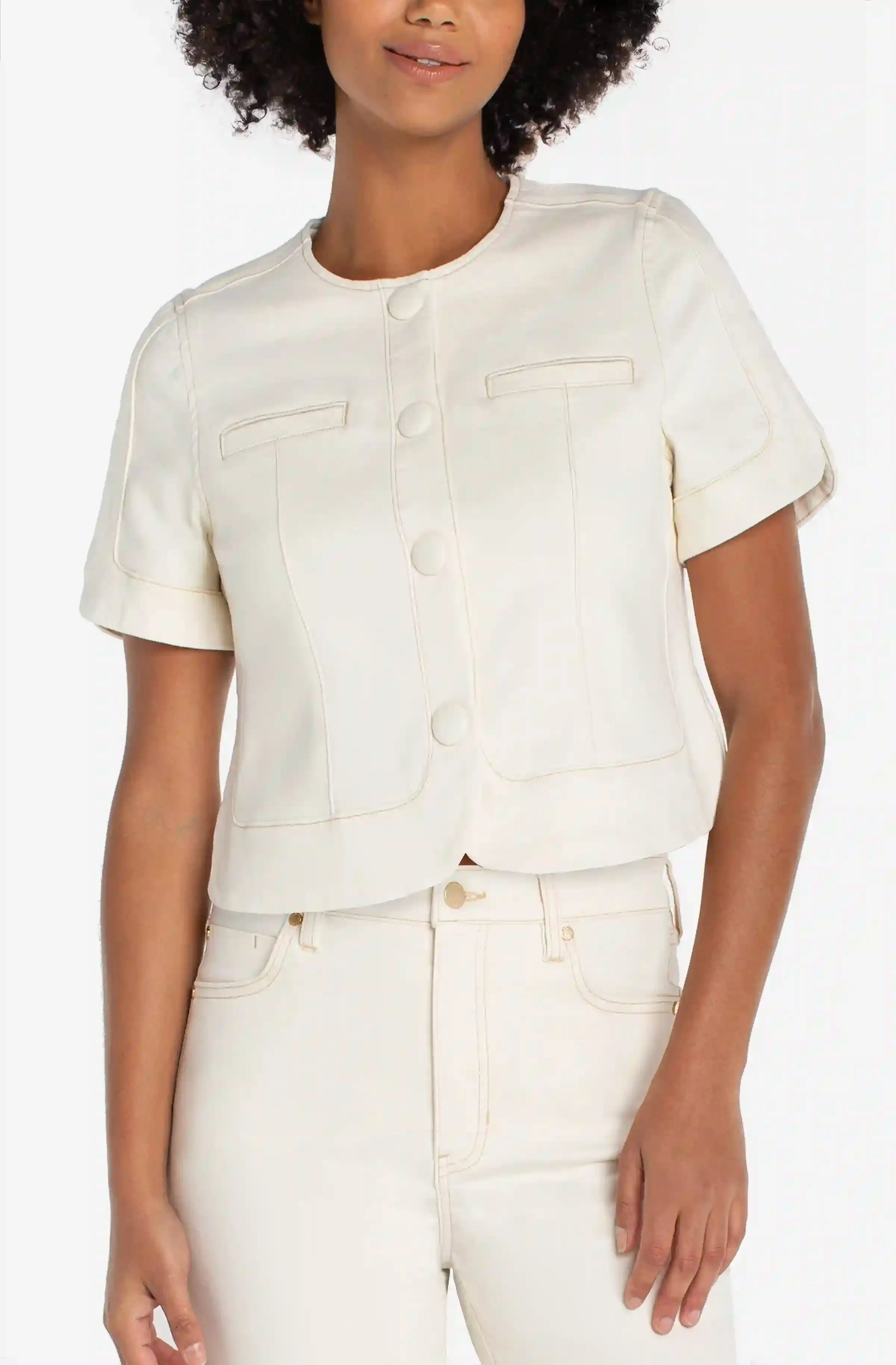 PETITE COLLARLESS SHORT SLEEVE CROPPED JACKET sold by Liverpool Jeans Company
