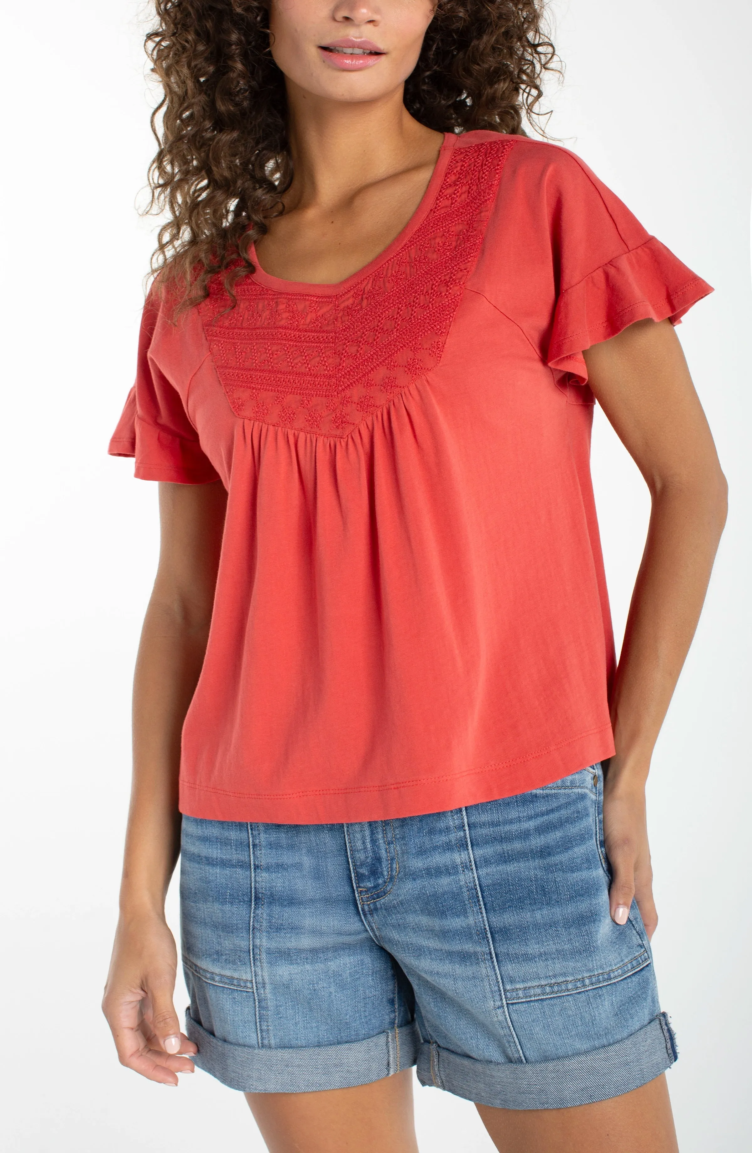 FLUTTER SLEEVE KNIT-TO-WOVEN TOP sold by Liverpool Jeans Company