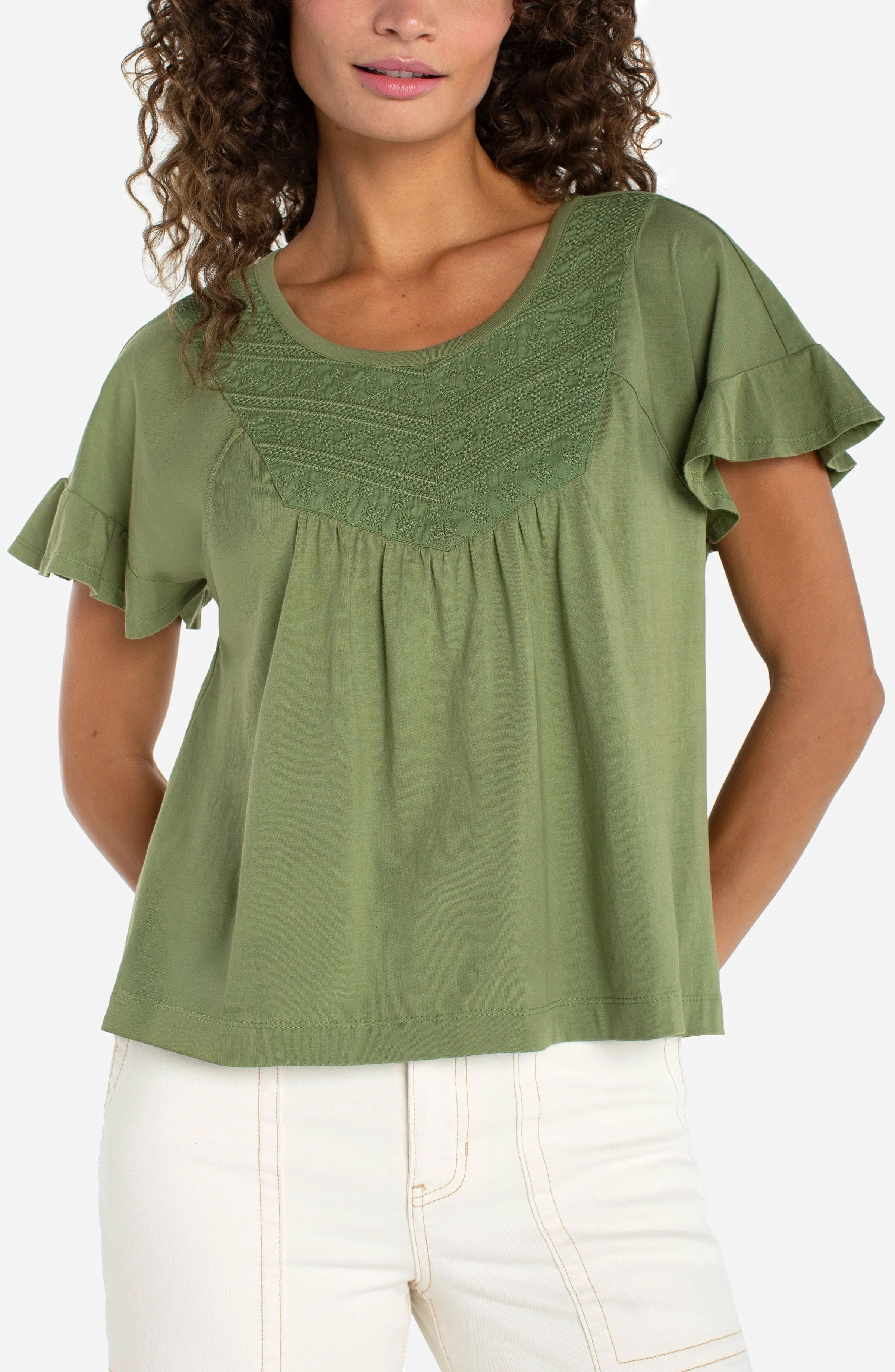 FLUTTER SLEEVE KNIT-TO-WOVEN TOP sold by Liverpool Jeans Company