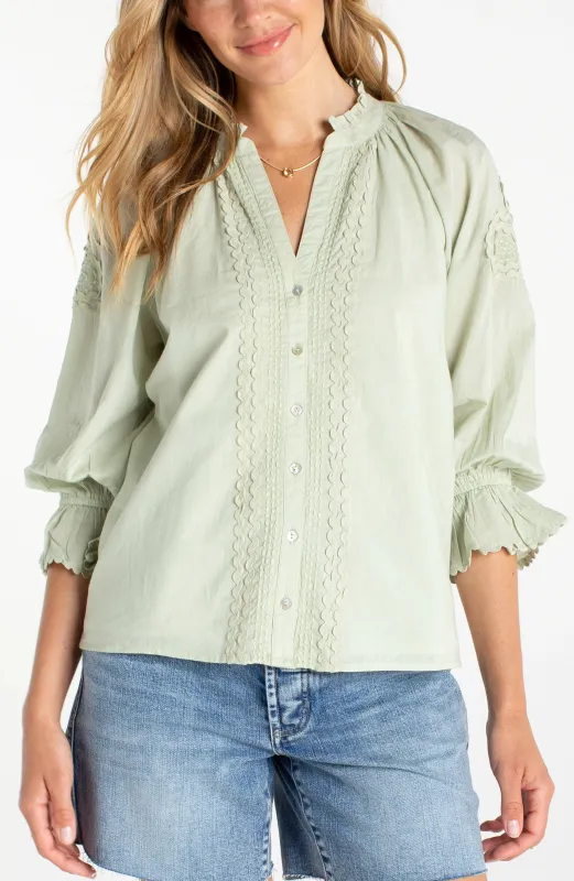 3/4 SLEEVE BUTTON FRONT WOVEN TOP made by Liverpool Jeans Company