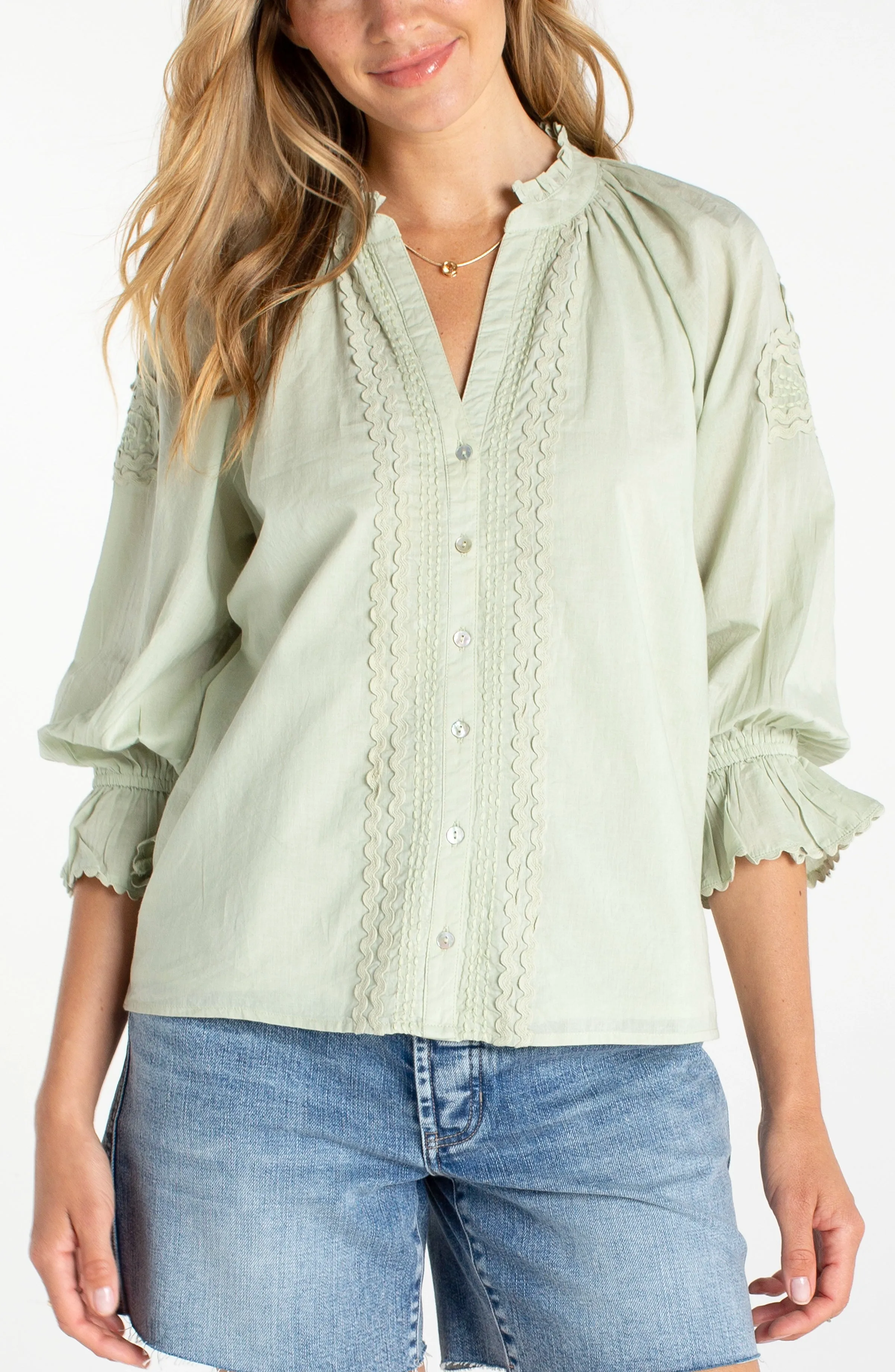 3/4 SLEEVE BUTTON FRONT WOVEN TOP sold by Liverpool Jeans Company