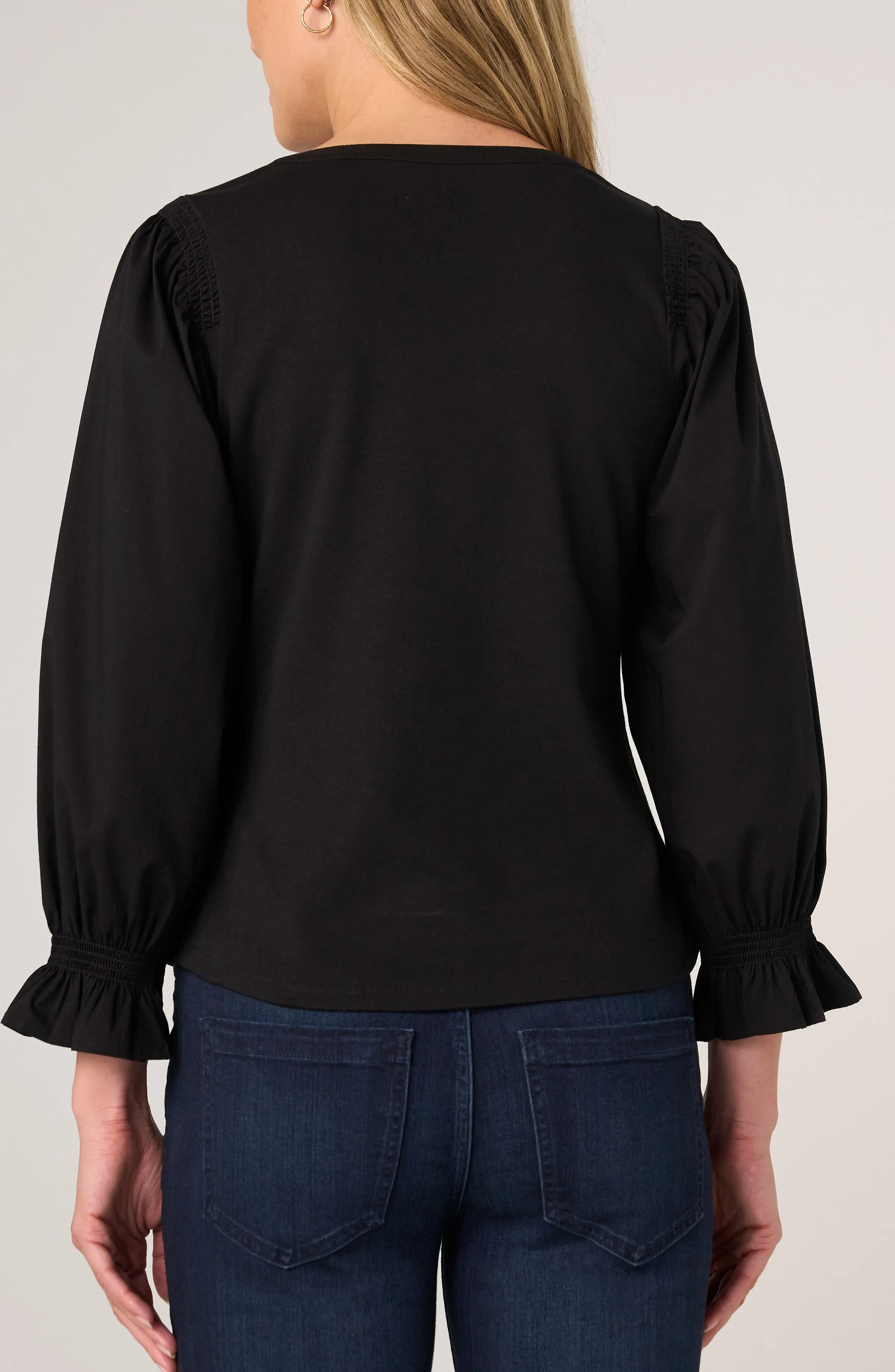 3/4 SLEEVE KNIT-TO-WOVEN TOP W/ SMOCKING sold by Liverpool Jeans Company product image thumbnail 3