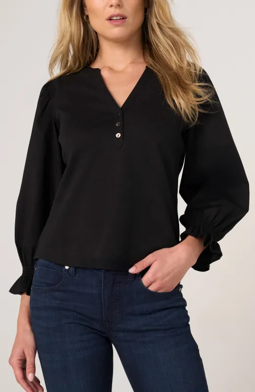 3/4 SLEEVE KNIT-TO-WOVEN TOP W/ SMOCKING made by Liverpool Jeans Company