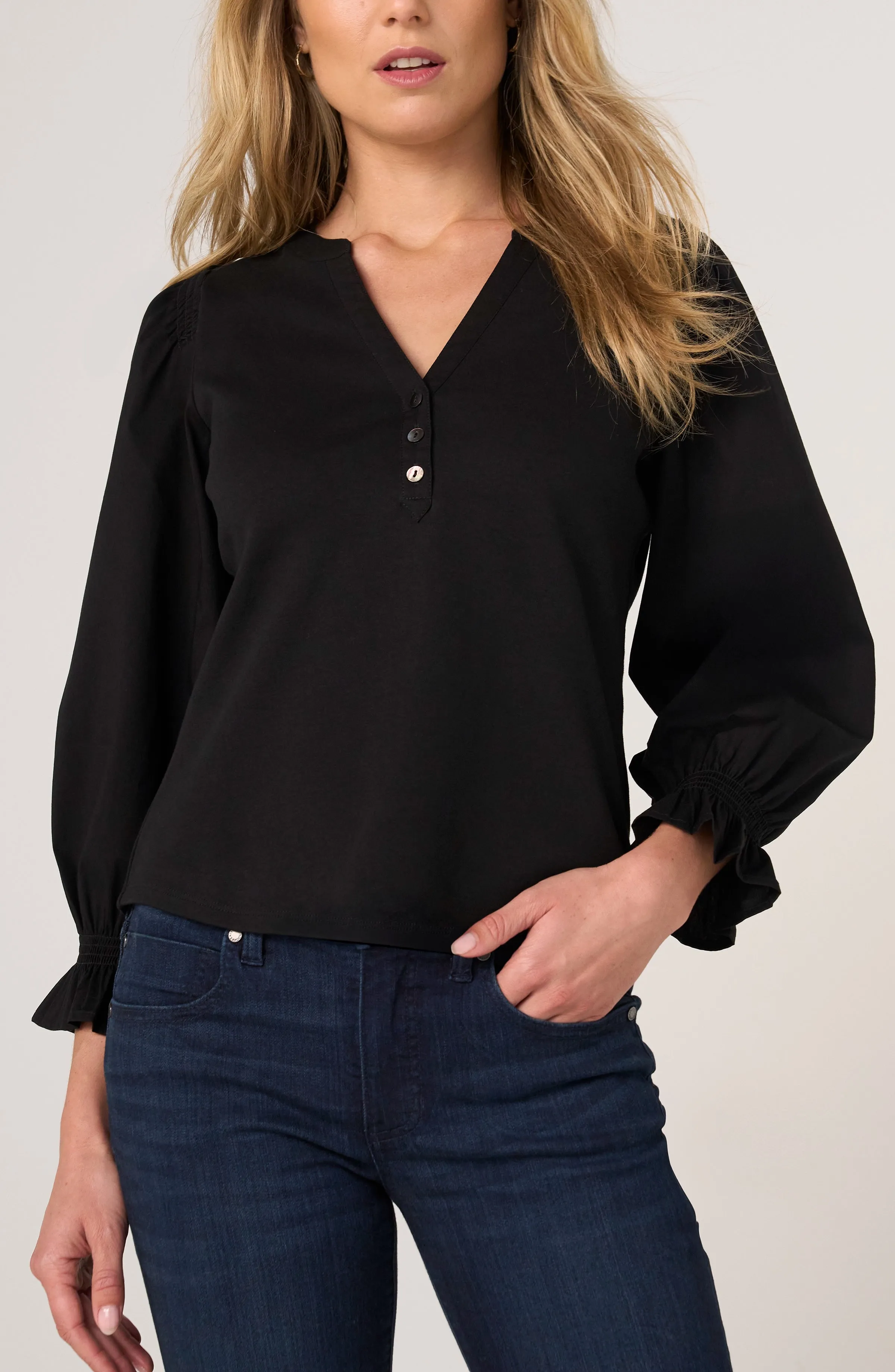 3/4 SLEEVE KNIT-TO-WOVEN TOP W/ SMOCKING sold by Liverpool Jeans Company