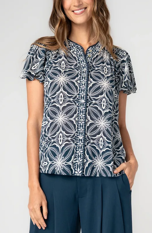 FLUTTER SLEEVE BUTTON FRONT KNIT TOP made by Liverpool Jeans Company