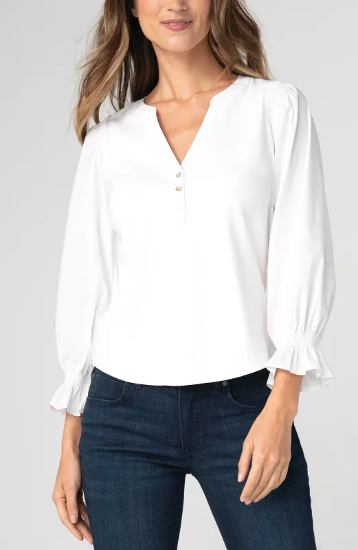 3/4 SLEEVE KNIT-TO-WOVEN TOP W/ SMOCKING made by Liverpool Jeans Company