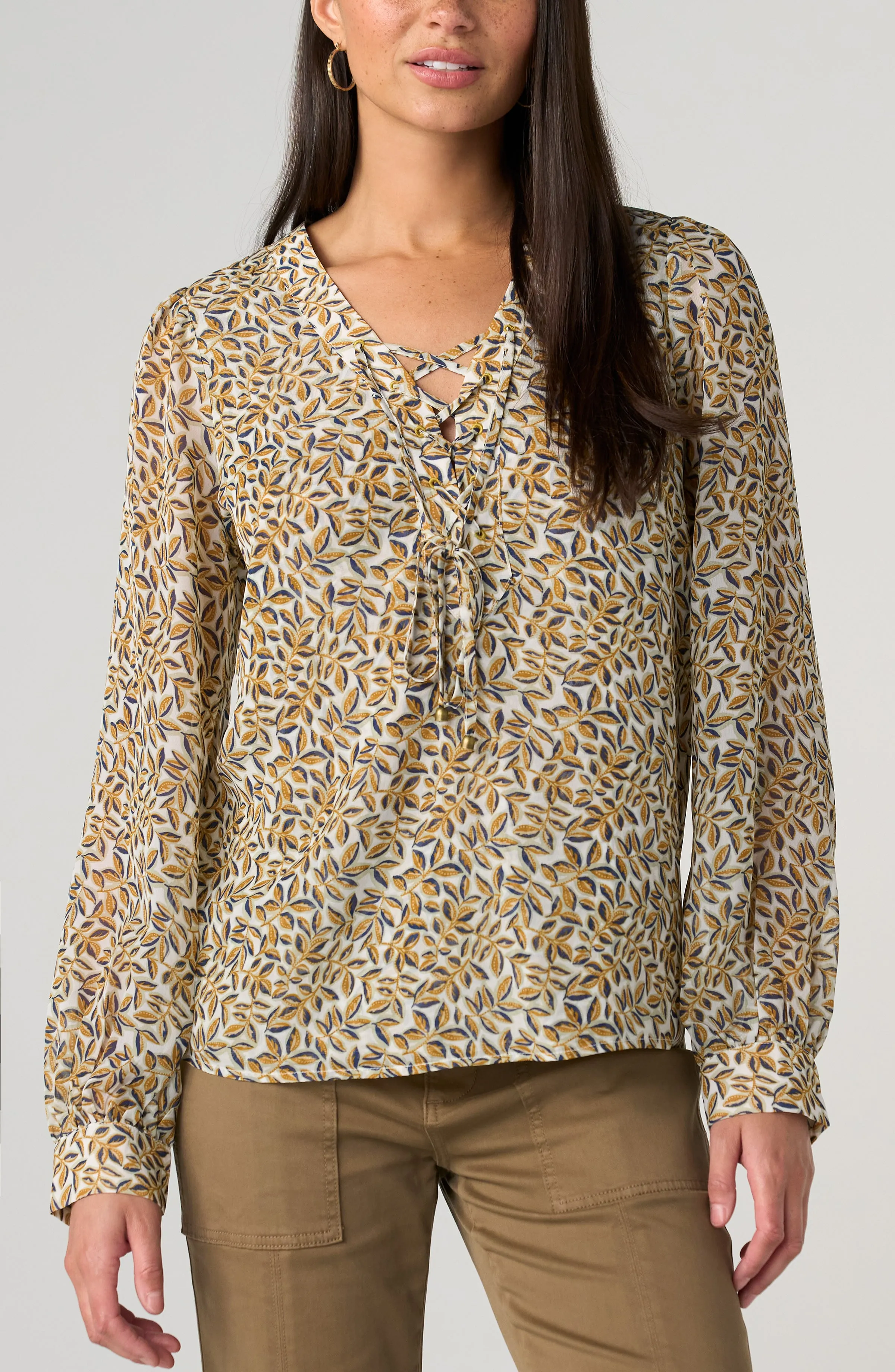 LONG SLEEVE LACE UP WOVEN BLOUSE sold by Liverpool Jeans Company