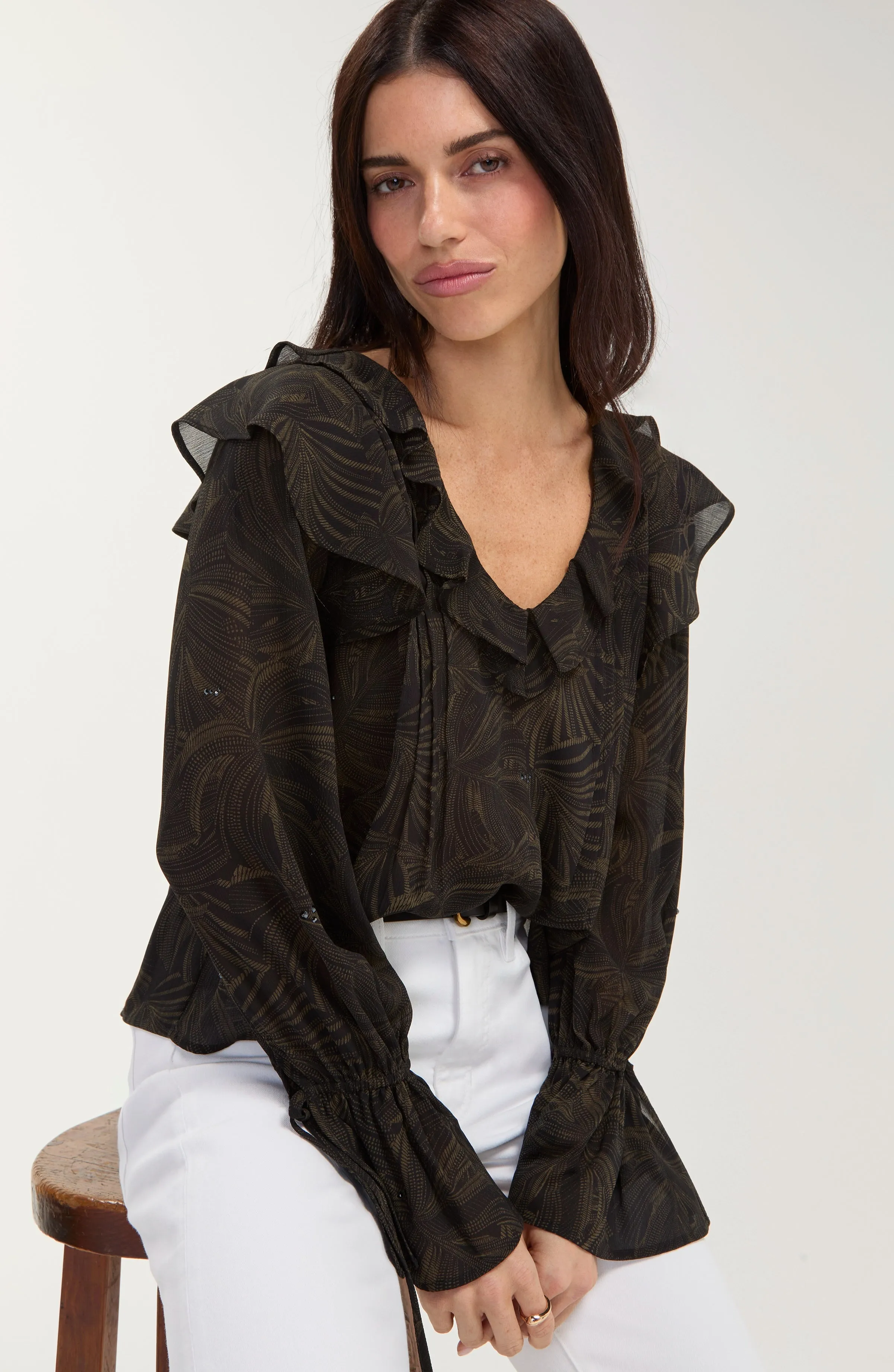 DOUBLE RUFFLE V-NECK WOVEN BLOUSE sold by Liverpool Jeans Company product image thumbnail 3
