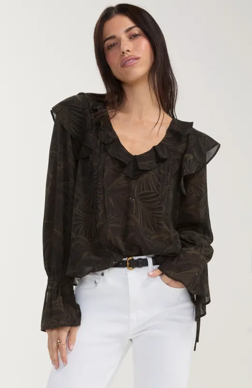 DOUBLE RUFFLE V-NECK WOVEN BLOUSE made by Liverpool Jeans Company
