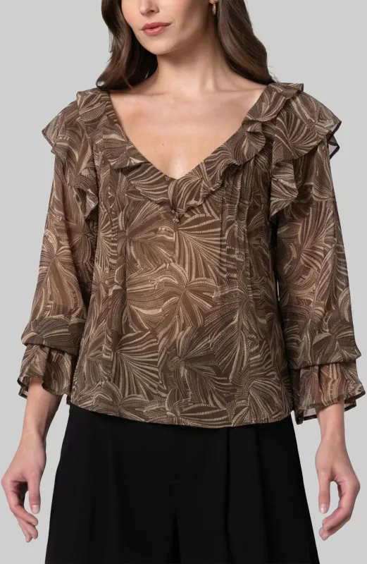DOUBLE RUFFLE V-NECK WOVEN BLOUSE made by Liverpool Jeans Company