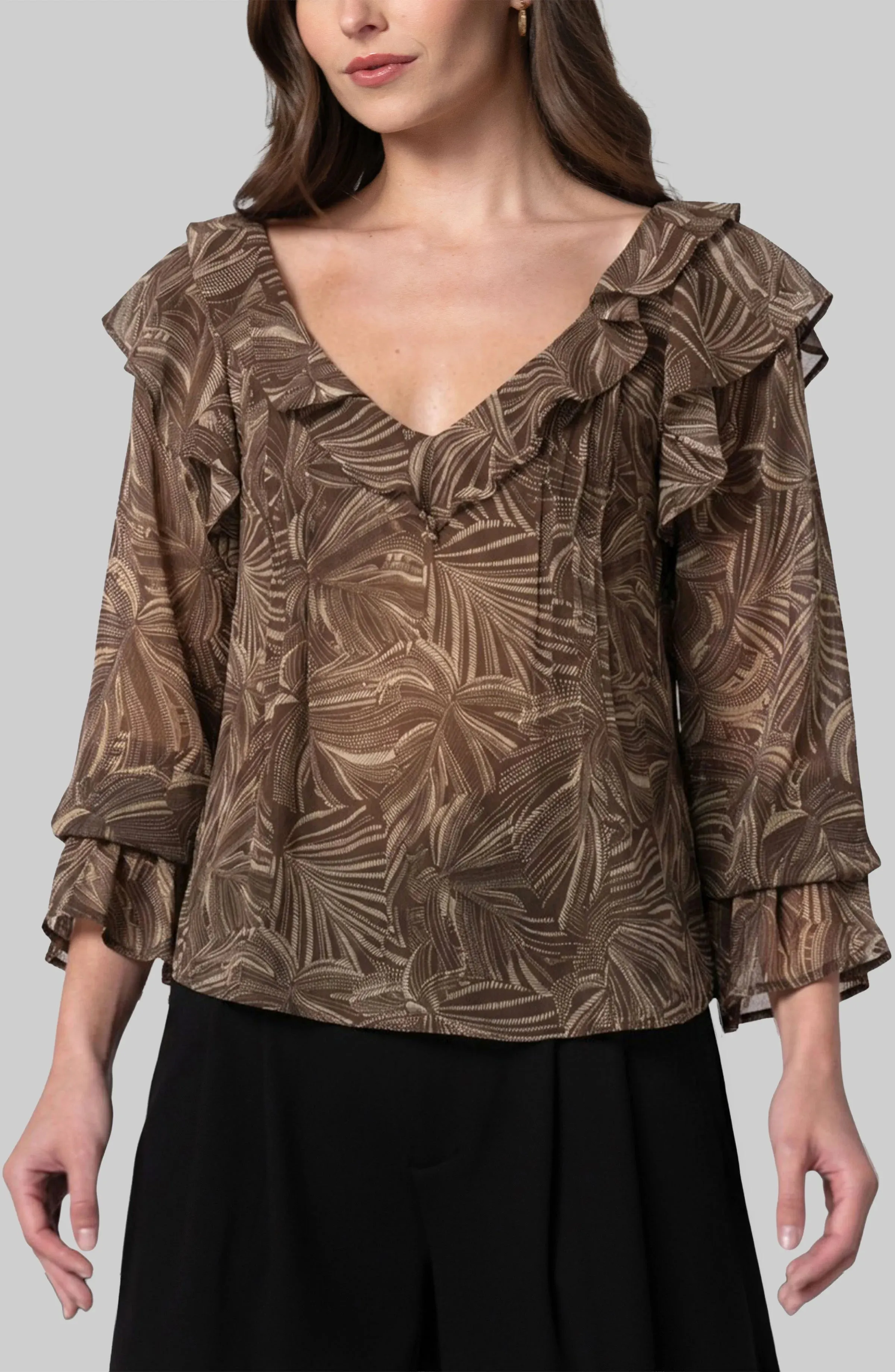 DOUBLE RUFFLE V-NECK WOVEN BLOUSE sold by Liverpool Jeans Company