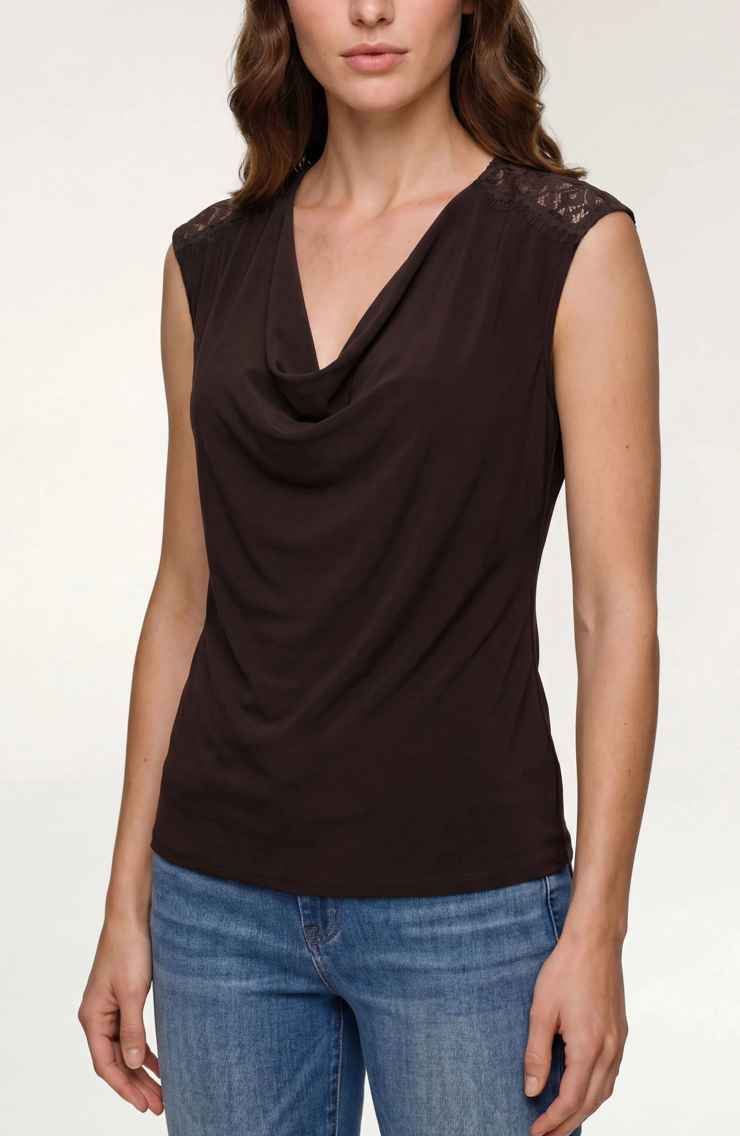 DRAPED SLEEVELESS KNIT TOP W/ LACE sold by Liverpool Jeans Company