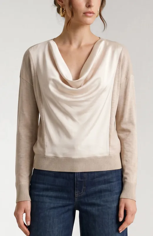 DRAPED NECK MIXED MEDIA SWEATER made by Liverpool Jeans Company