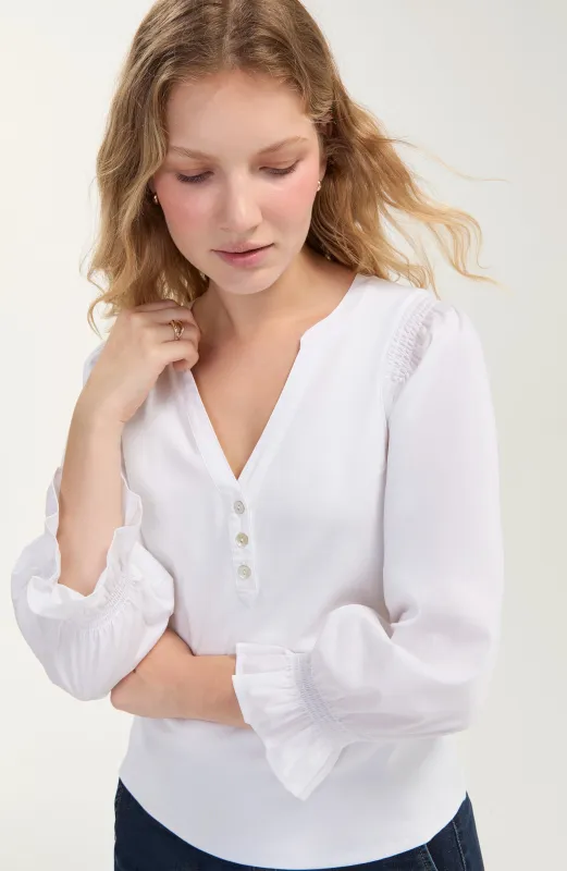 PETITE 3/4 SLEEVE KNIT-TO-WOVEN TOP W/ SMOCKING made by Liverpool Jeans Company
