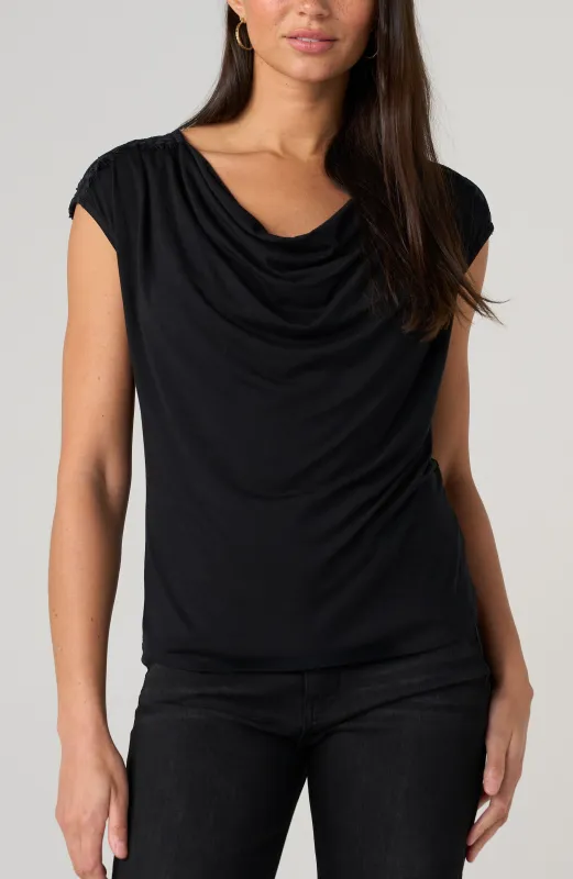 DRAPED NECK SLEEVELESS KNIT TOP W/ LACE made by Liverpool Jeans Company