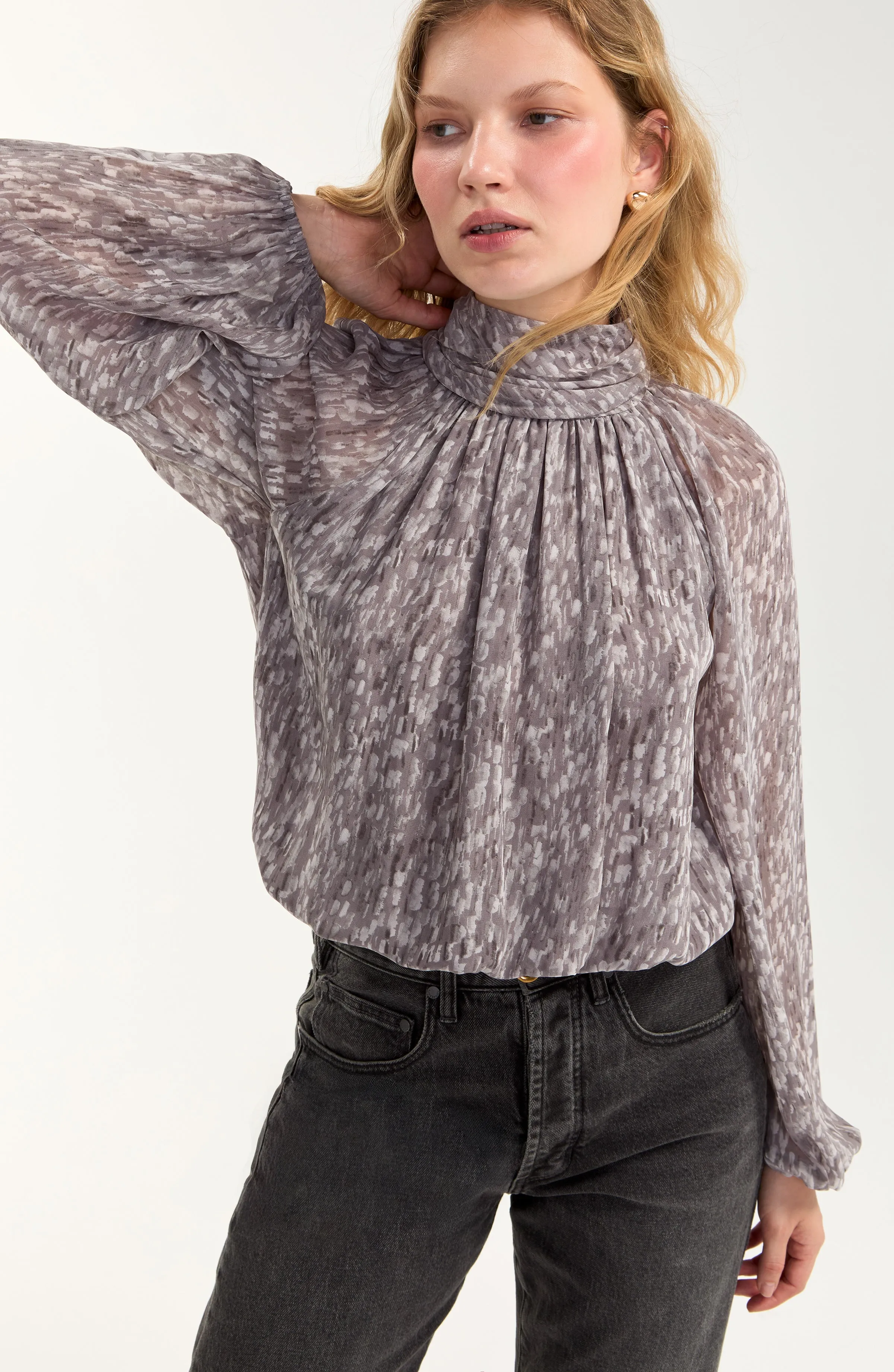 LONG SLEEVE SHIRRED MOCK NECK WOVEN TOP sold by Liverpool Jeans Company product image thumbnail 3