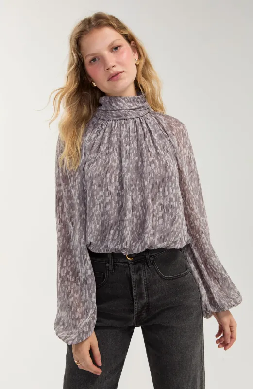 LONG SLEEVE SHIRRED MOCK NECK WOVEN TOP made by Liverpool Jeans Company