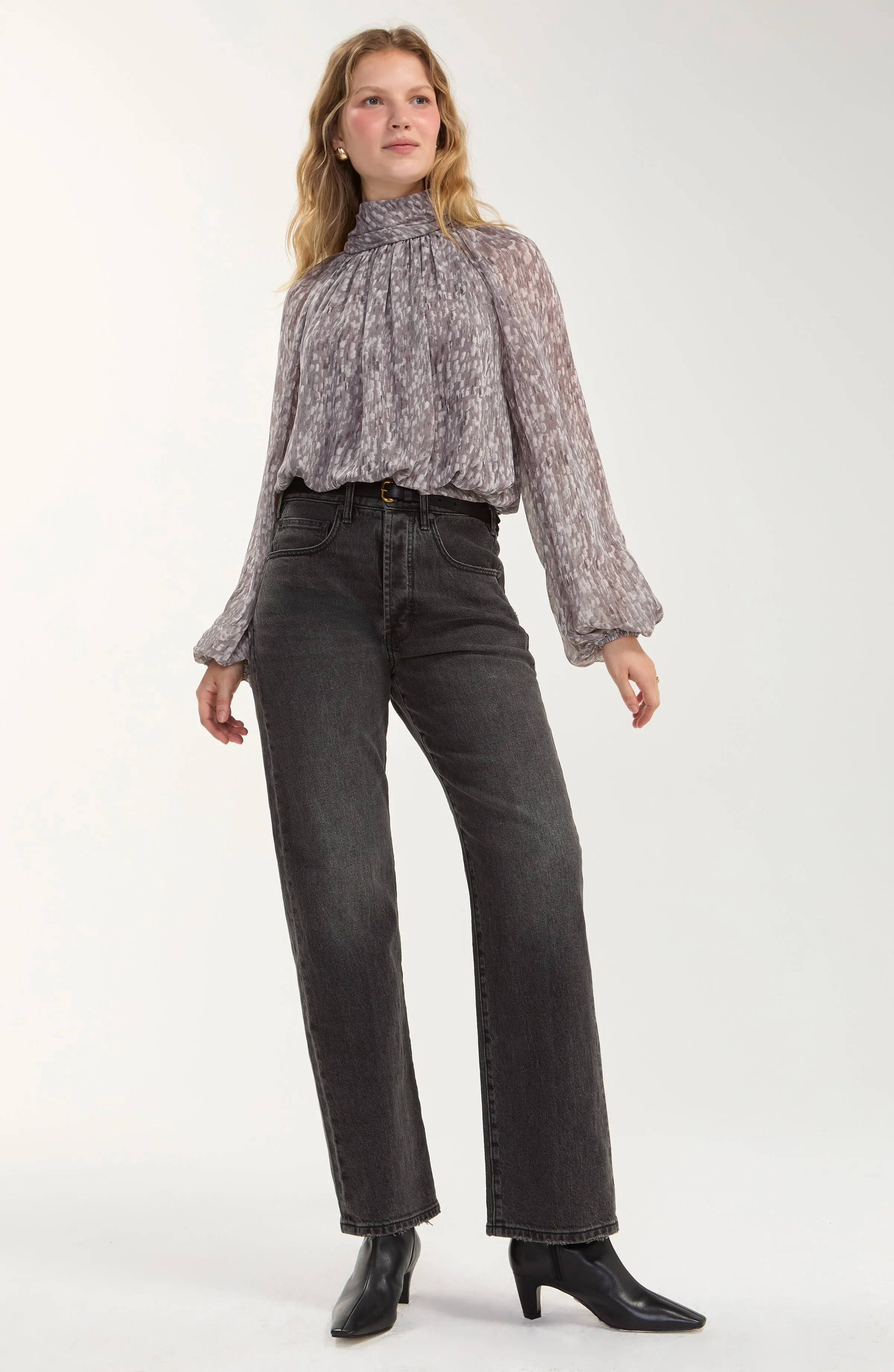 LONG SLEEVE SHIRRED MOCK NECK WOVEN TOP sold by Liverpool Jeans Company product image thumbnail 2