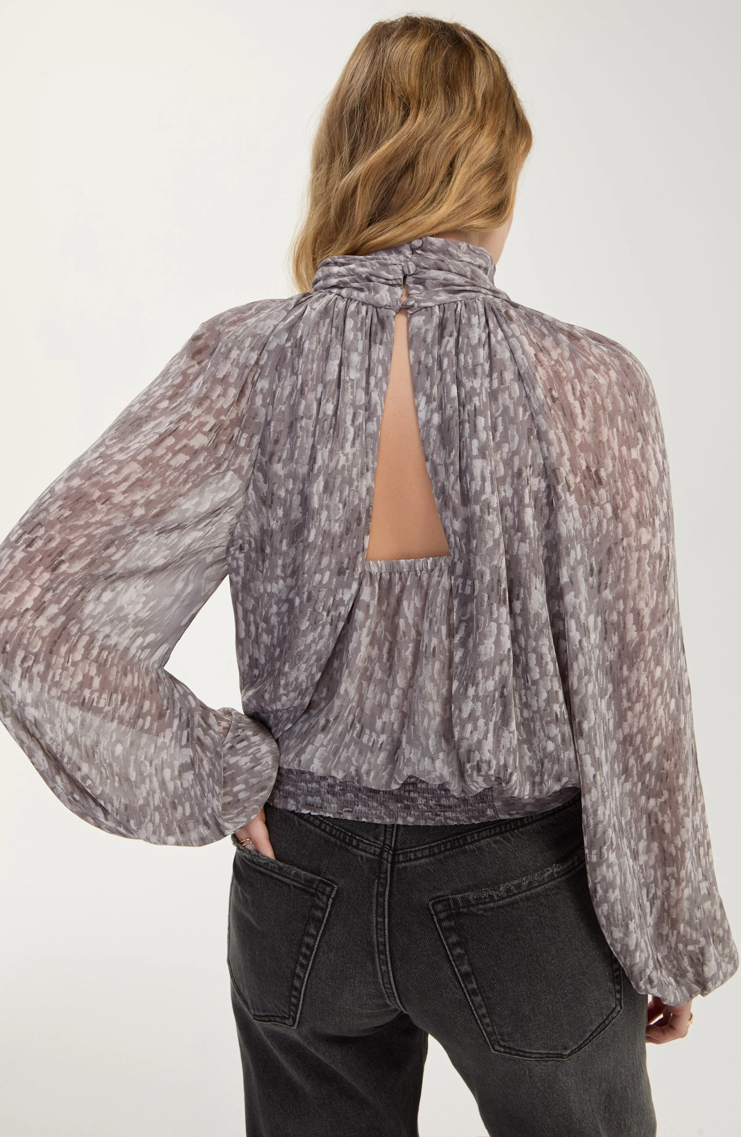 LONG SLEEVE SHIRRED MOCK NECK WOVEN TOP sold by Liverpool Jeans Company product image thumbnail 4