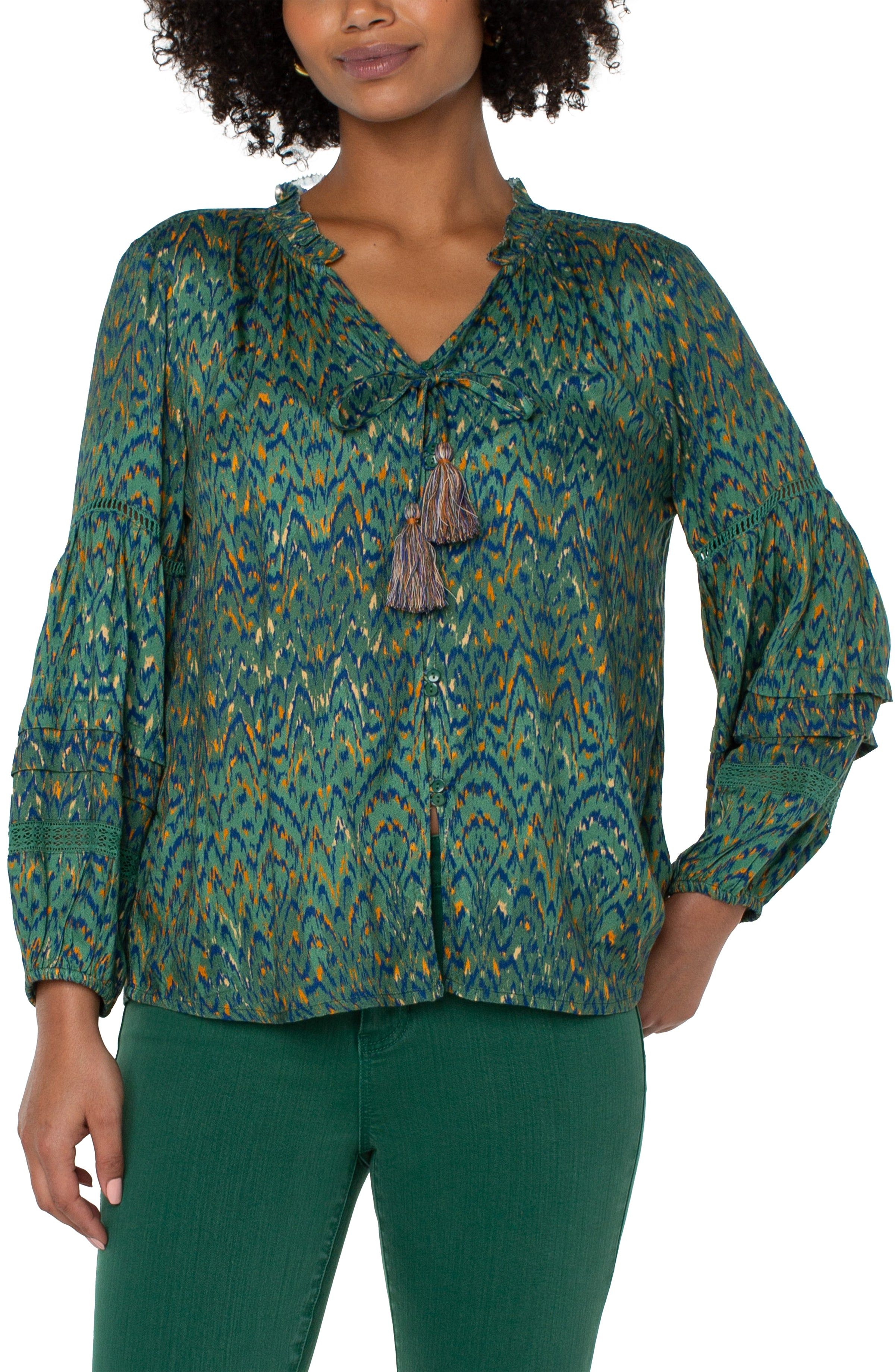 TIE FRONT POPOVER SHIRRED BLOUSE sold by Liverpool Jeans Company product image thumbnail 3
