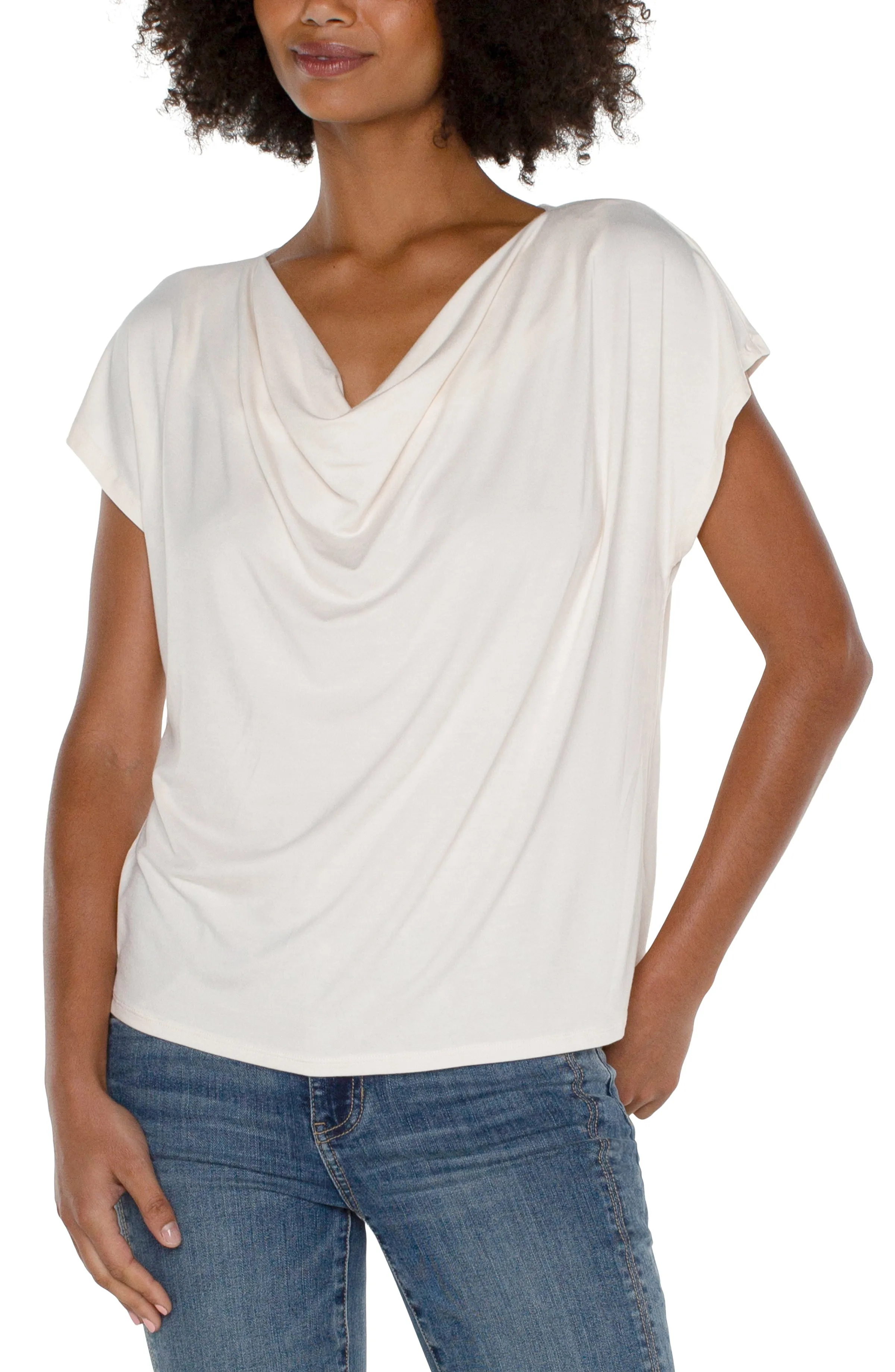 SHORT SLEEVE KNIT TOP WITH DRAPED COWL NECK sold by Liverpool Jeans Company product image thumbnail 4