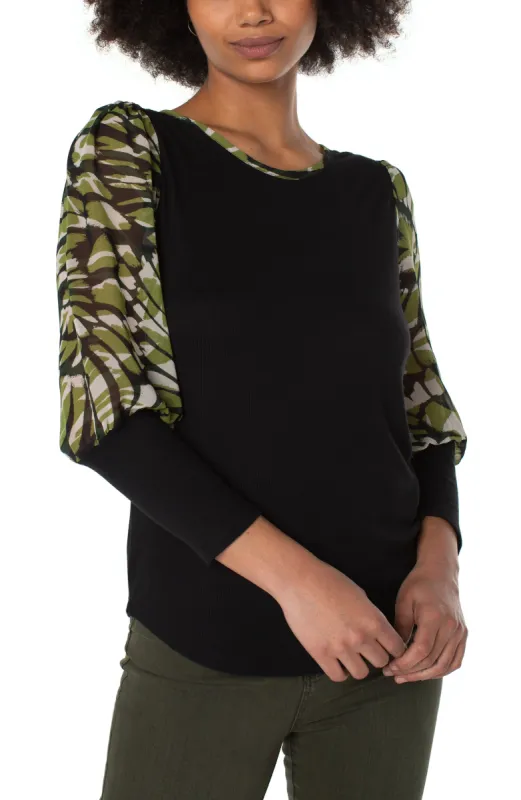 PETITE KNIT TOP WITH WOVEN LONG SLEEVES sold by Liverpool Jeans Company