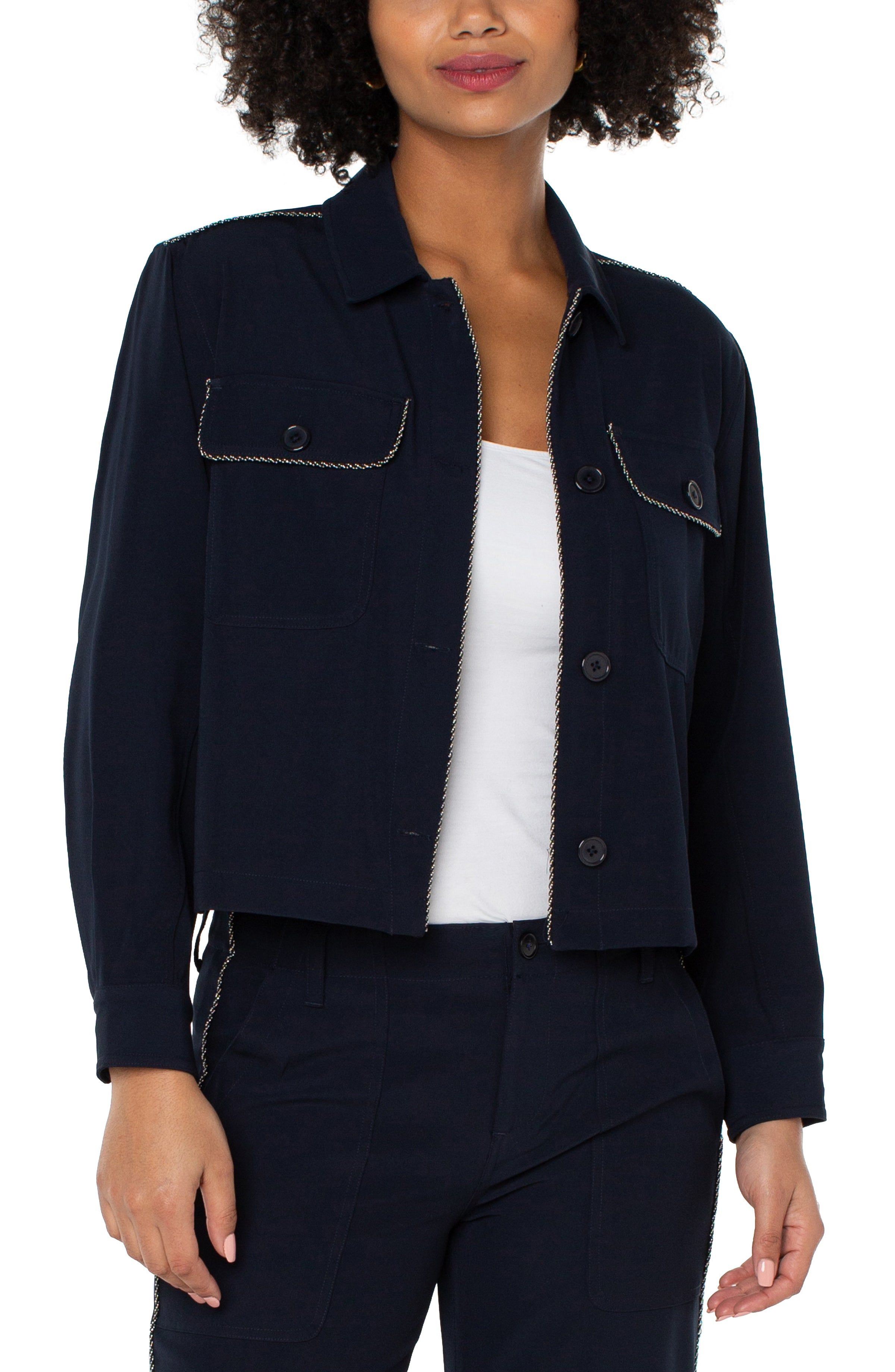 CROPPED SHACKET WITH CHAIN TRIM sold by Liverpool Jeans Company