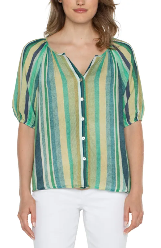 SHORT SLEEVE BUTTON FRONT SHIRRED WOVEN TOP sold by Liverpool Jeans Company