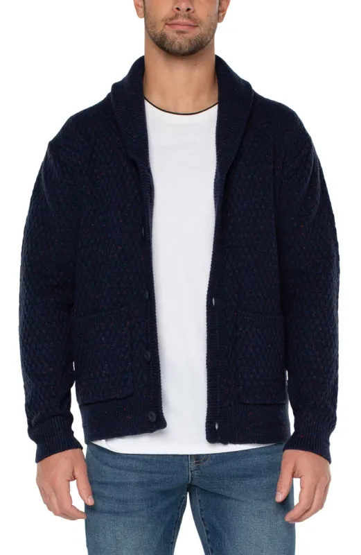 BIRDSEYE STITCH SHAWL COLLAR CARDIGAN sold by Liverpool Jeans Company