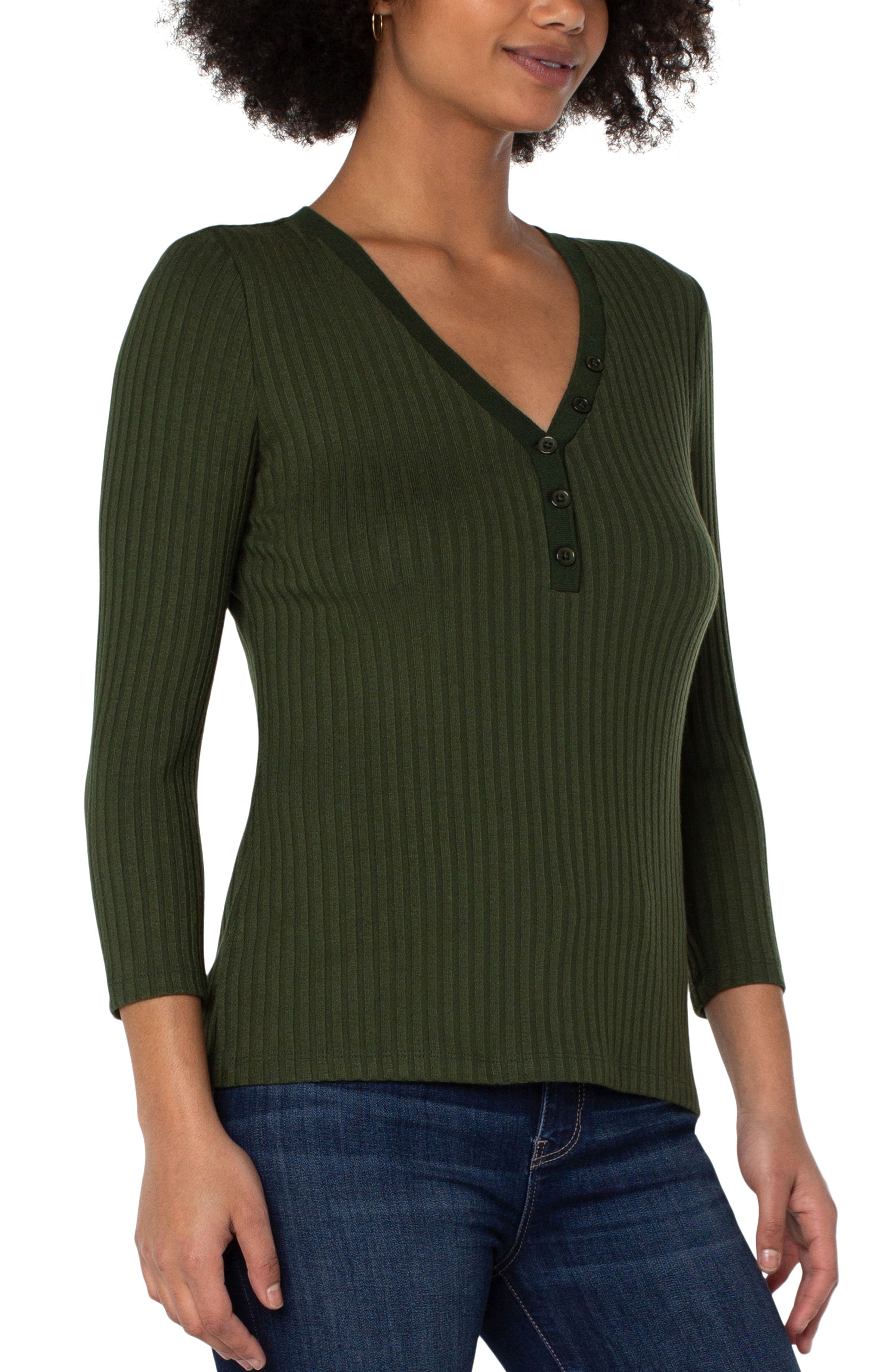 3/4 SLEEVE RIB KNIT HENLEY TOP sold by Liverpool Jeans Company