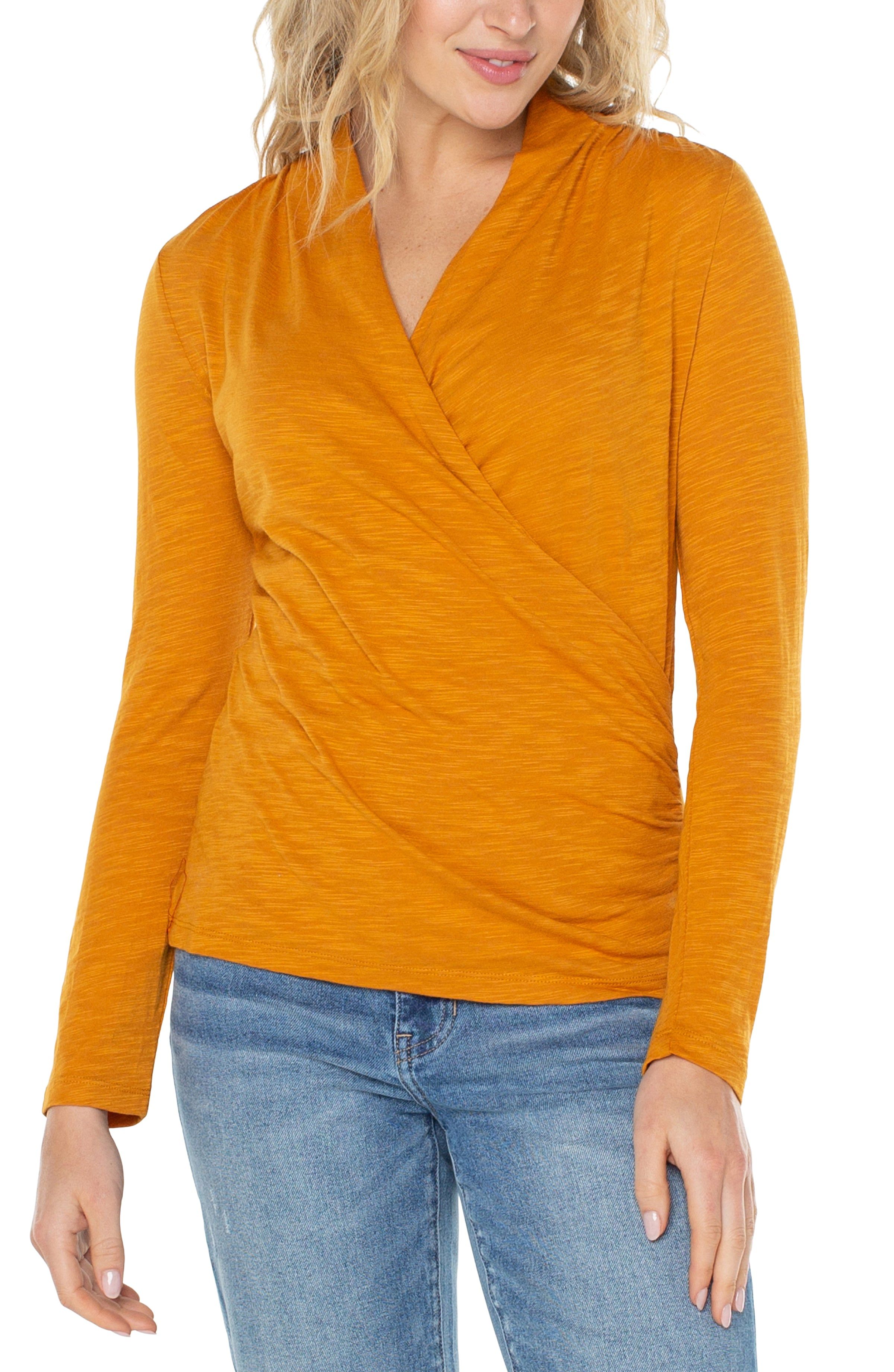 LONG SLEEVE WRAP FRONT SLUB KNIT TOP sold by Liverpool Jeans Company