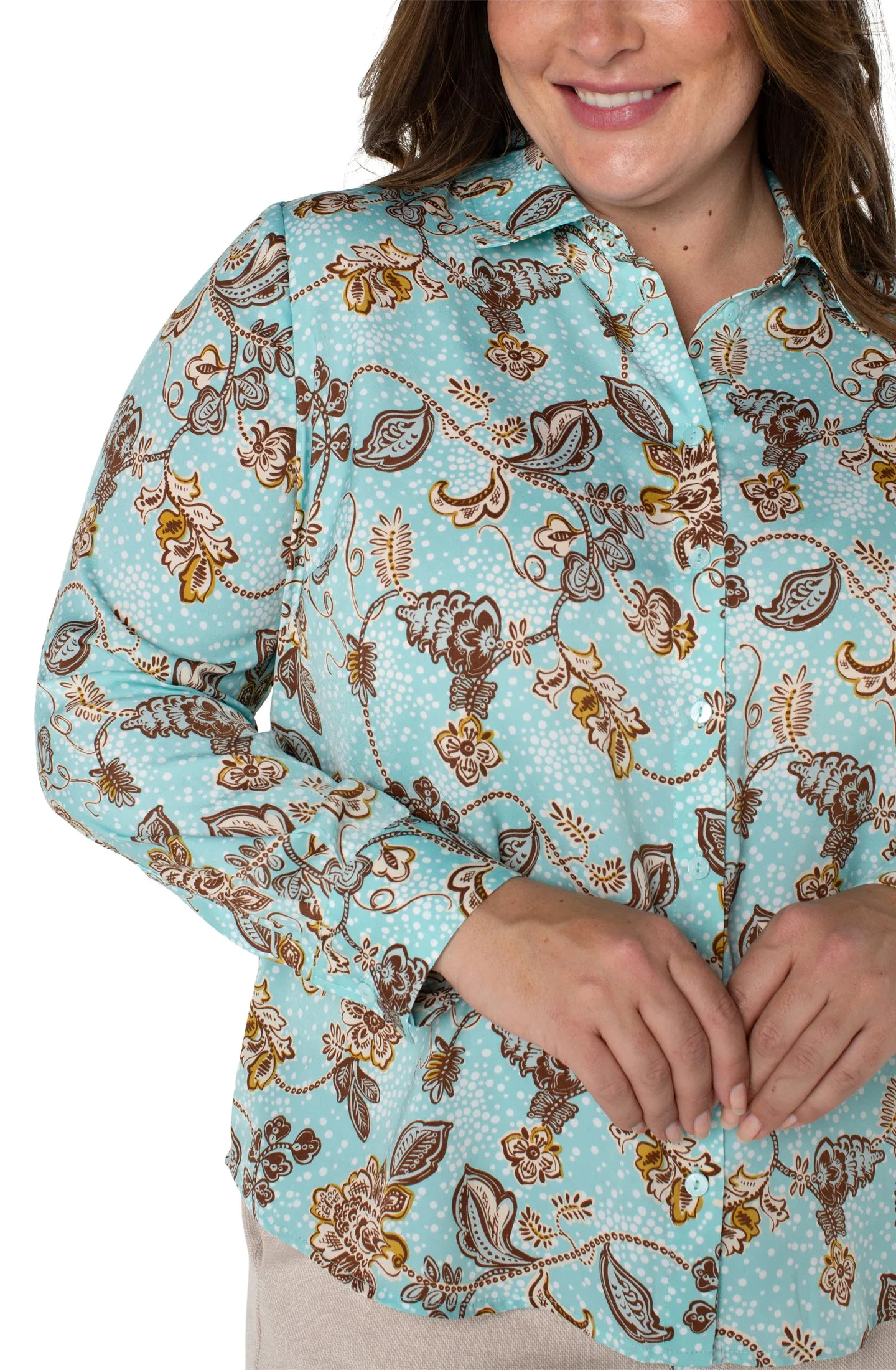 BUTTON UP WOVEN BLOUSE sold by Liverpool Jeans Company