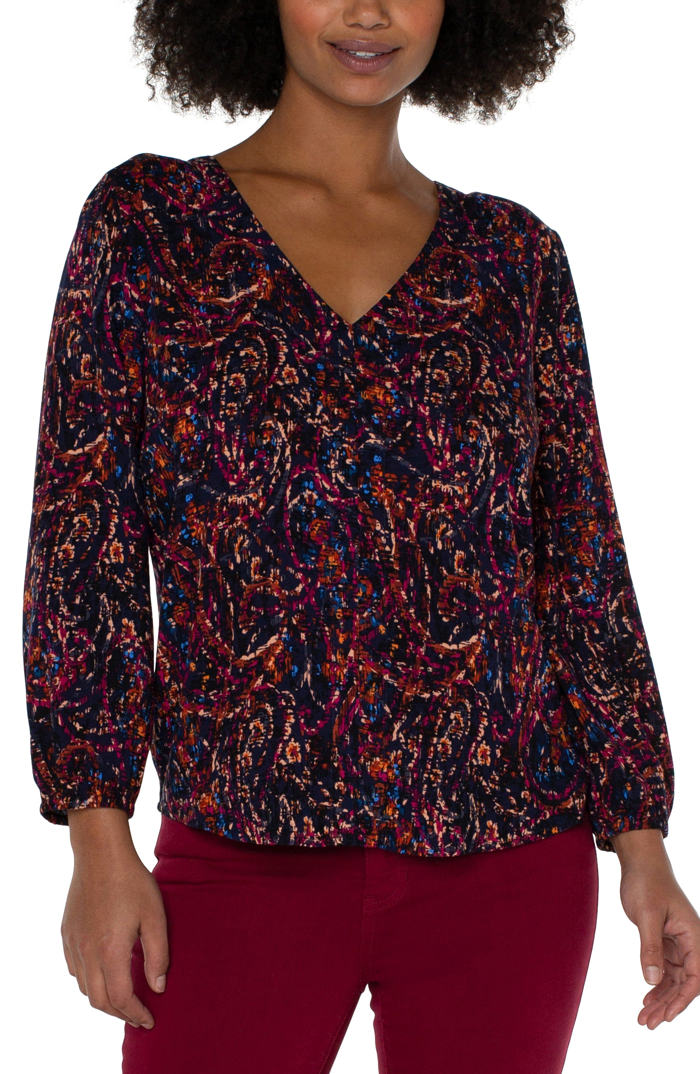 3/4 SLEEVE DOUBLE V-NECK WOVEN TOP sold by Liverpool Jeans Company