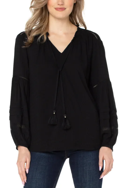 TIE FRONT POPOVER SHIRRED BLOUSE sold by Liverpool Jeans Company