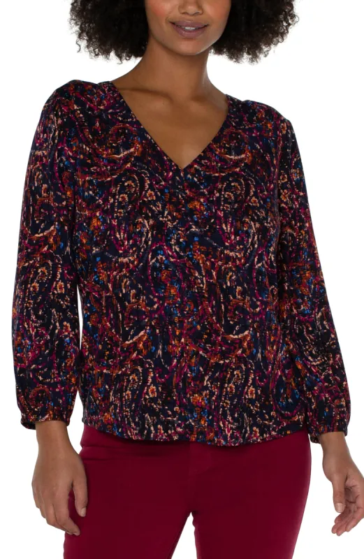 3/4 SLEEVE DOUBLE V-NECK WOVEN TOP sold by Liverpool Jeans Company
