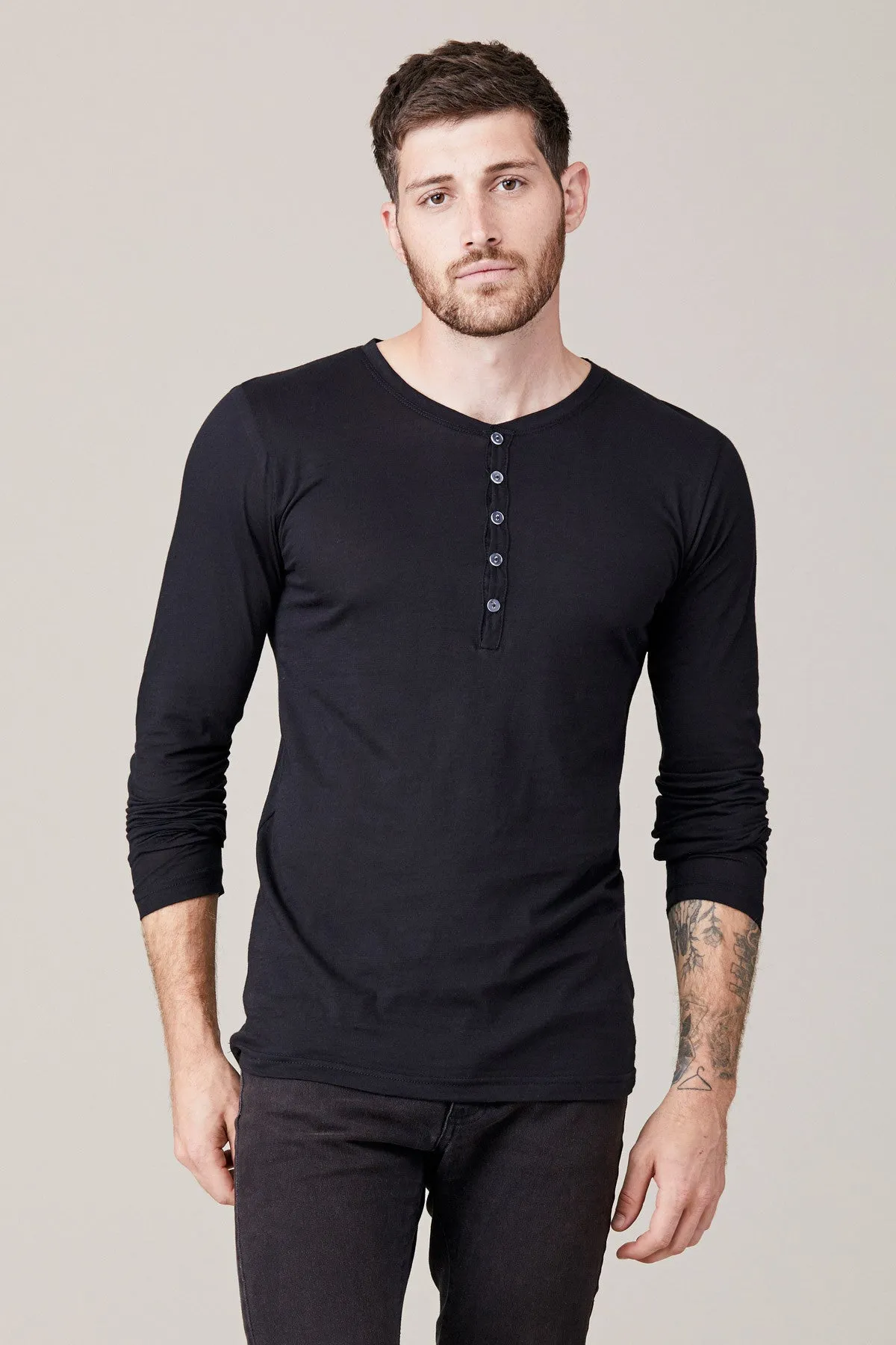 Men's Long Sleeve Button Henley - Black sold by LNA