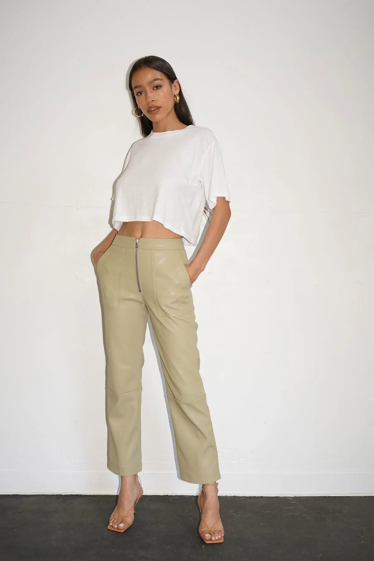 Vegan Leather Exposed Zip Pant - Olive sold by LNA product image thumbnail 2