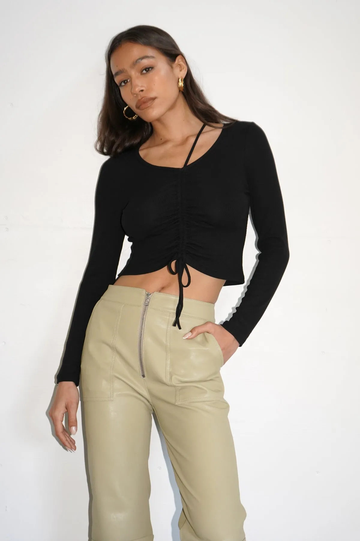Vegan Leather Exposed Zip Pant - Olive sold by LNA product image thumbnail 4