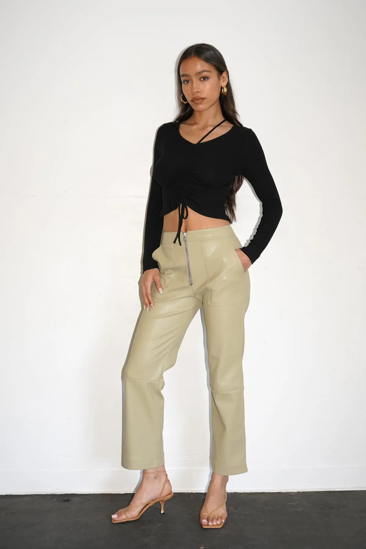 Vegan Leather Exposed Zip Pant - Olive sold by LNA product image thumbnail 3