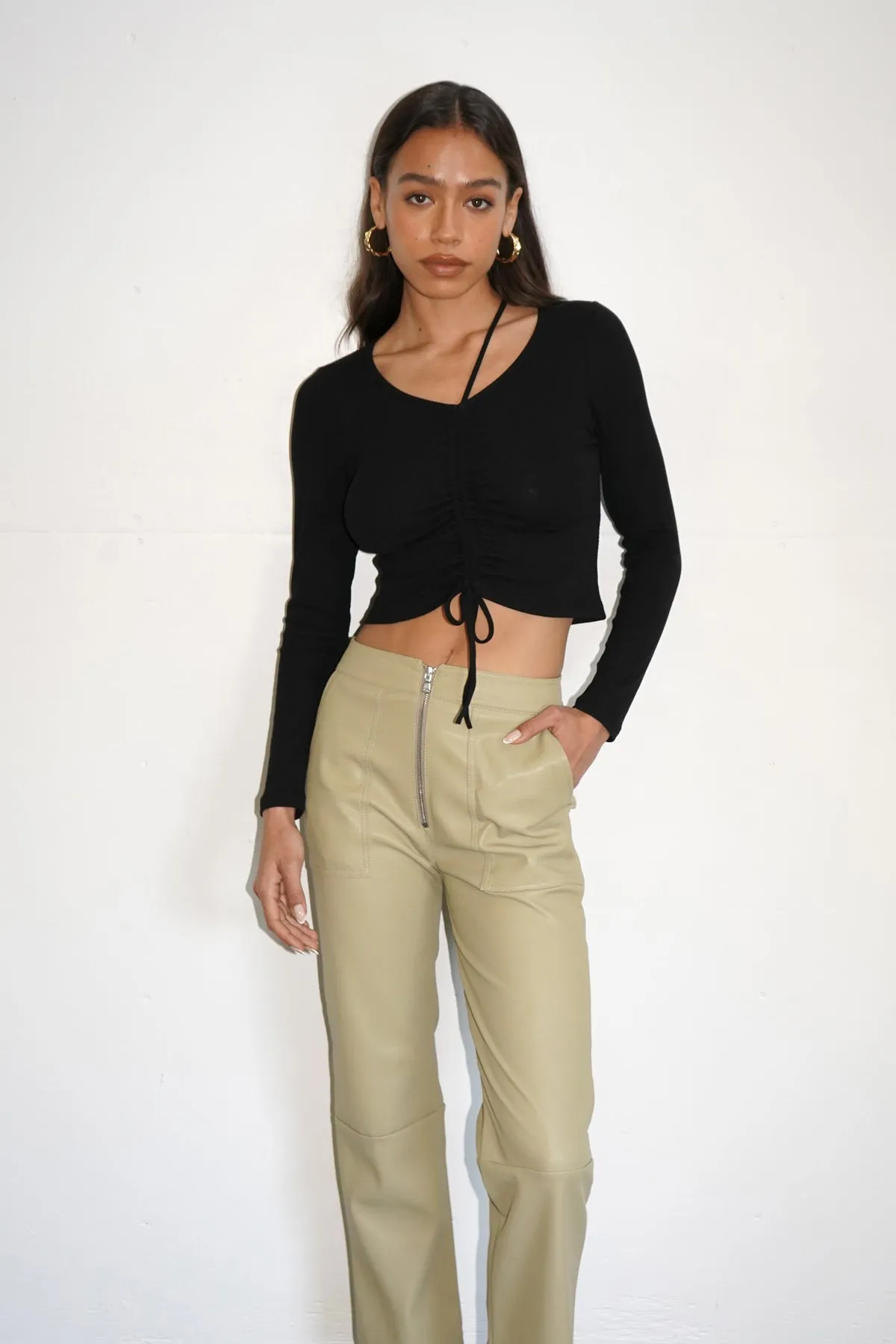 Vegan Leather Exposed Zip Pant - Olive sold by LNA