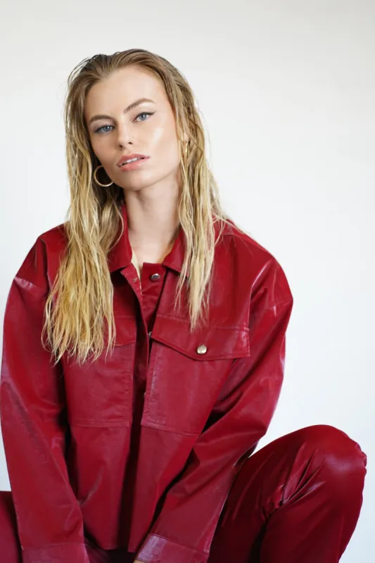 Textured Check Shirt Jacket - Red sold by LNA