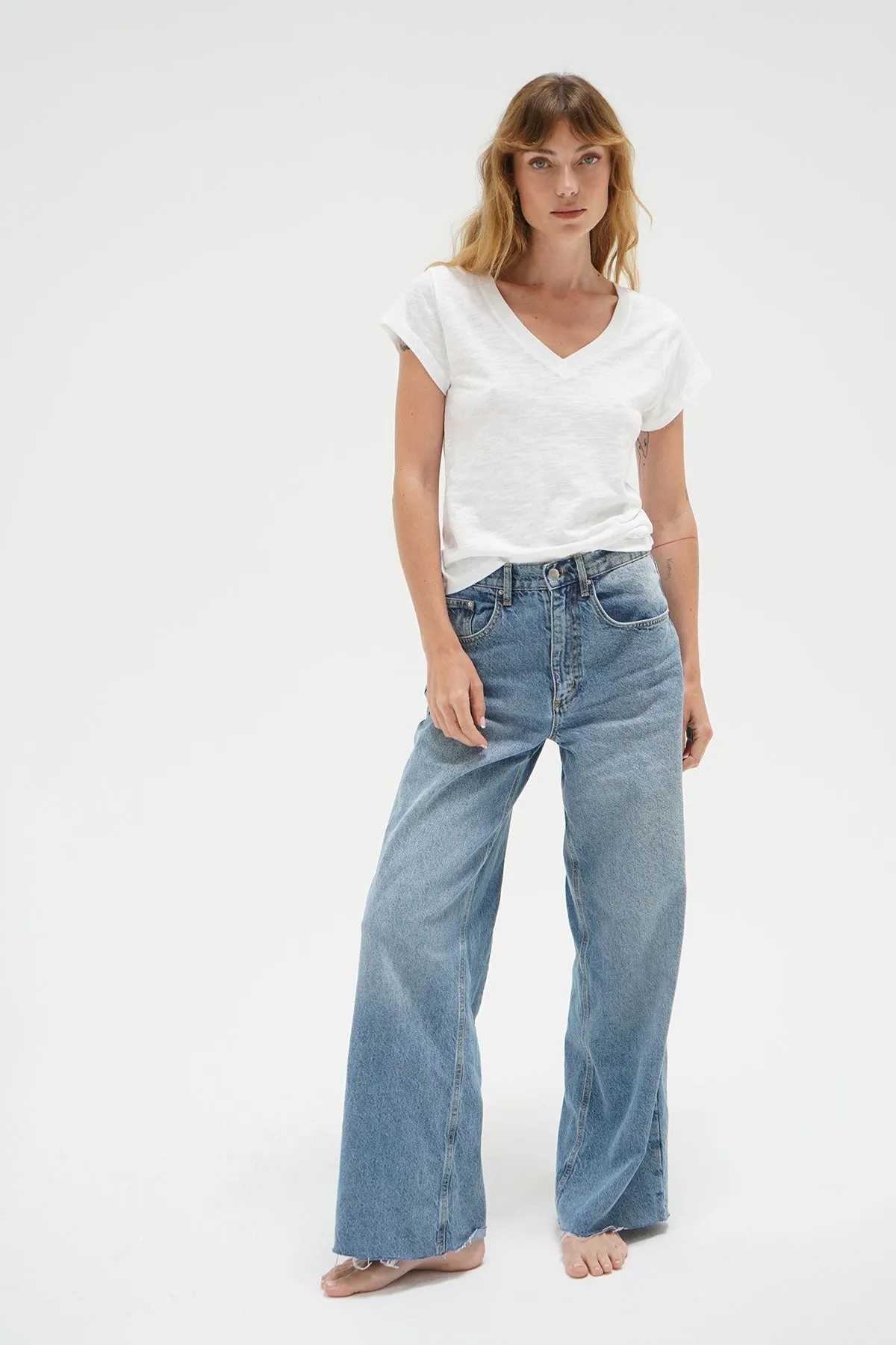 Fitted Deep V Cotton Tee - White sold by LNA